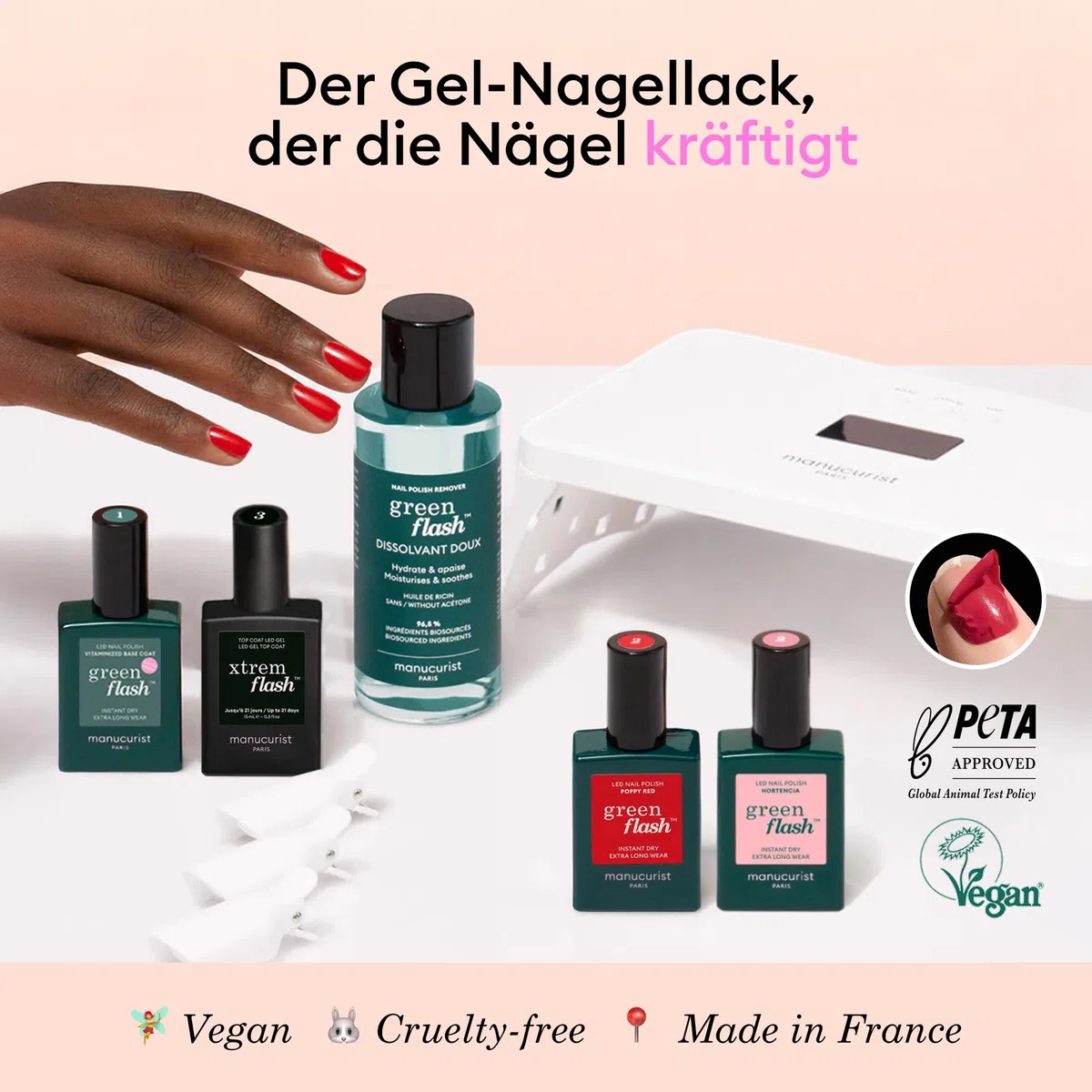 Manucurist Xtrem Flash Gel Nägel Set mit 2 UV Nagellack | Poppy Red & Hortencia - LED Lampe 36W, Base Coat, Top Coat Gel UV, Entferner & Clips - Bis zu 21 Tage Halt
