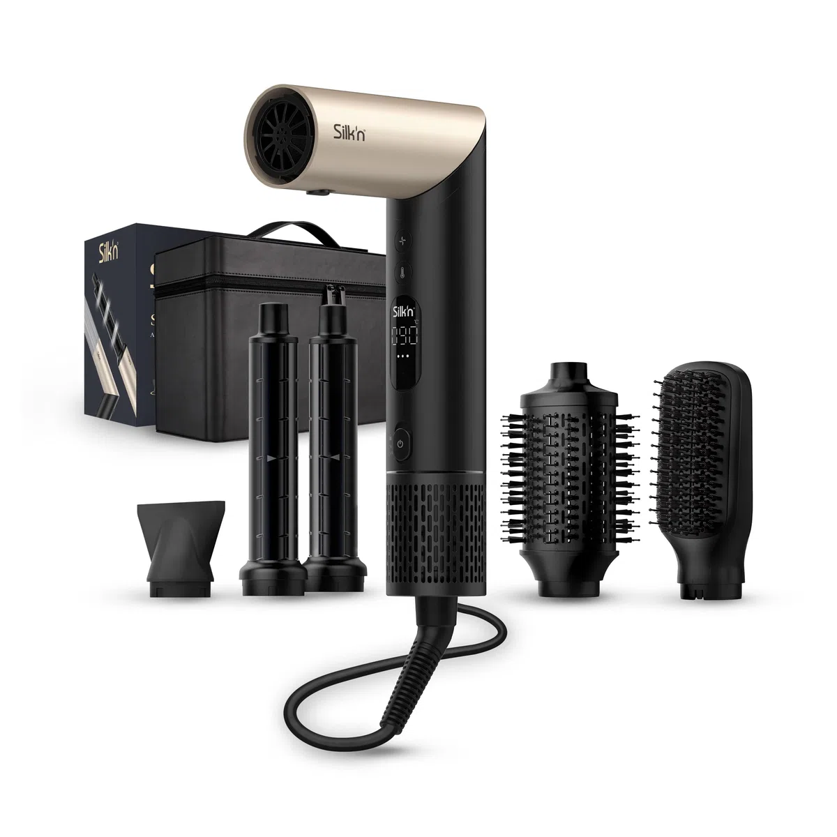 Silk'n Air Styler & Haartrockner I SilkyAir Flex I 5-in-1 Auto-Wrap-Lockenaufsatz, Paddle-Bürste, Ovalbürste, Konzentrator, Diffusor, Aufbewahrungskoffer, Keine Hitzeschäden I 1300 W, Schwarz