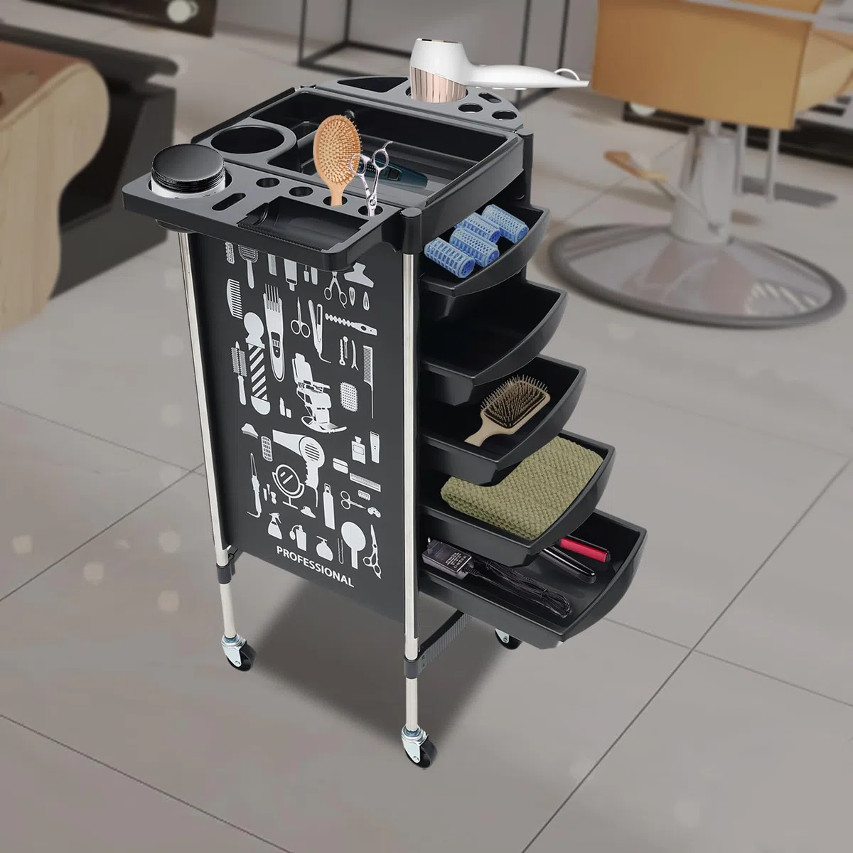 Friseurwagen, Arbeitswagen Rollwagen, mit 5 Schubladen Salon Trolley für Beauty Salon, Salonhilfe Friseur Arbeitswagen Wagen, Schwarz