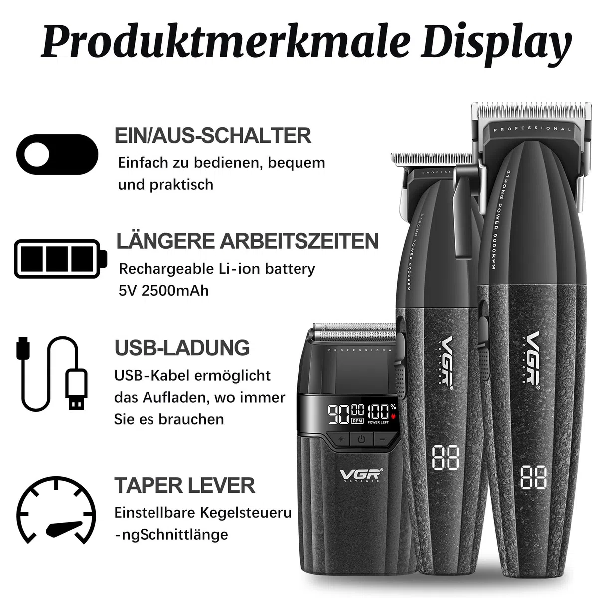 VGR 640 S3 3 IN 1 Haarschneidemaschine für Herren, Profi Haarschneider Haartrimmer und Folienrasierer Set, Kabellose Friseur Set mit LED-Anzeige für den Friseur- und Heimgebrauch, Schwarz