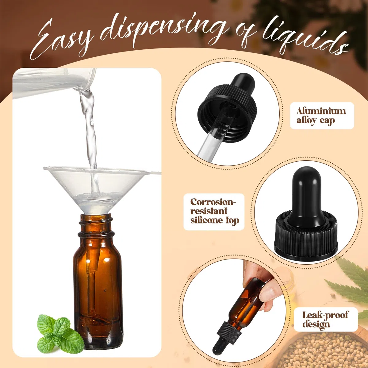 Lallisa Tropfflaschen für ätherische Öle, Glas-Tropfflaschen mit Augentropfenspender, Tropfflaschen mit 5 Trichtern, 5 Pipetten, 3 ml, 100 Etiketten für ätherisches Öl, Parfüm (bernsteinfarben, 15 ml