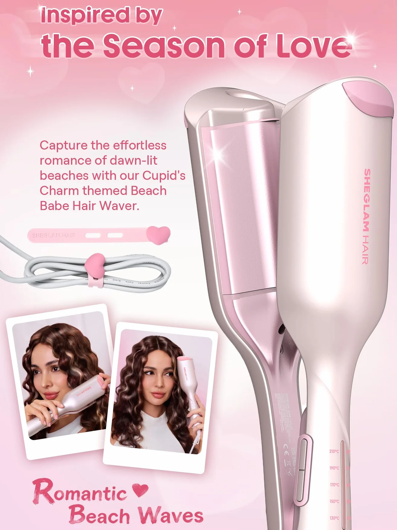 SHEGLAM Cupid's Charm Beach Babe Welleneisen für Haare 2 Barrel Kreppeisen mit Smart-Timer, einstellbarer Temperatur, Dual Voltage, Anti-Scald Lockenstab für Beach Waves & Mermaid Hair (25mm)