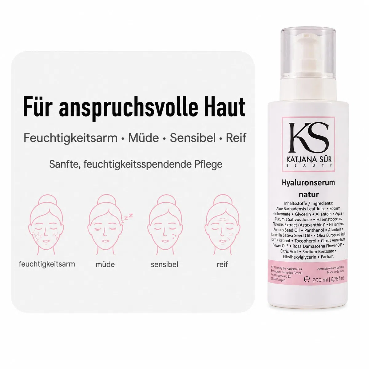 KS Beauty Hyaluron Serum Gesicht mit Retinol & Aloe Vera, 200 ml | Feuchtigkeitsserum mit Hyaluronsäure, Astaxanthin & Vitamin E – dermatologisch getestet, Made in Germany