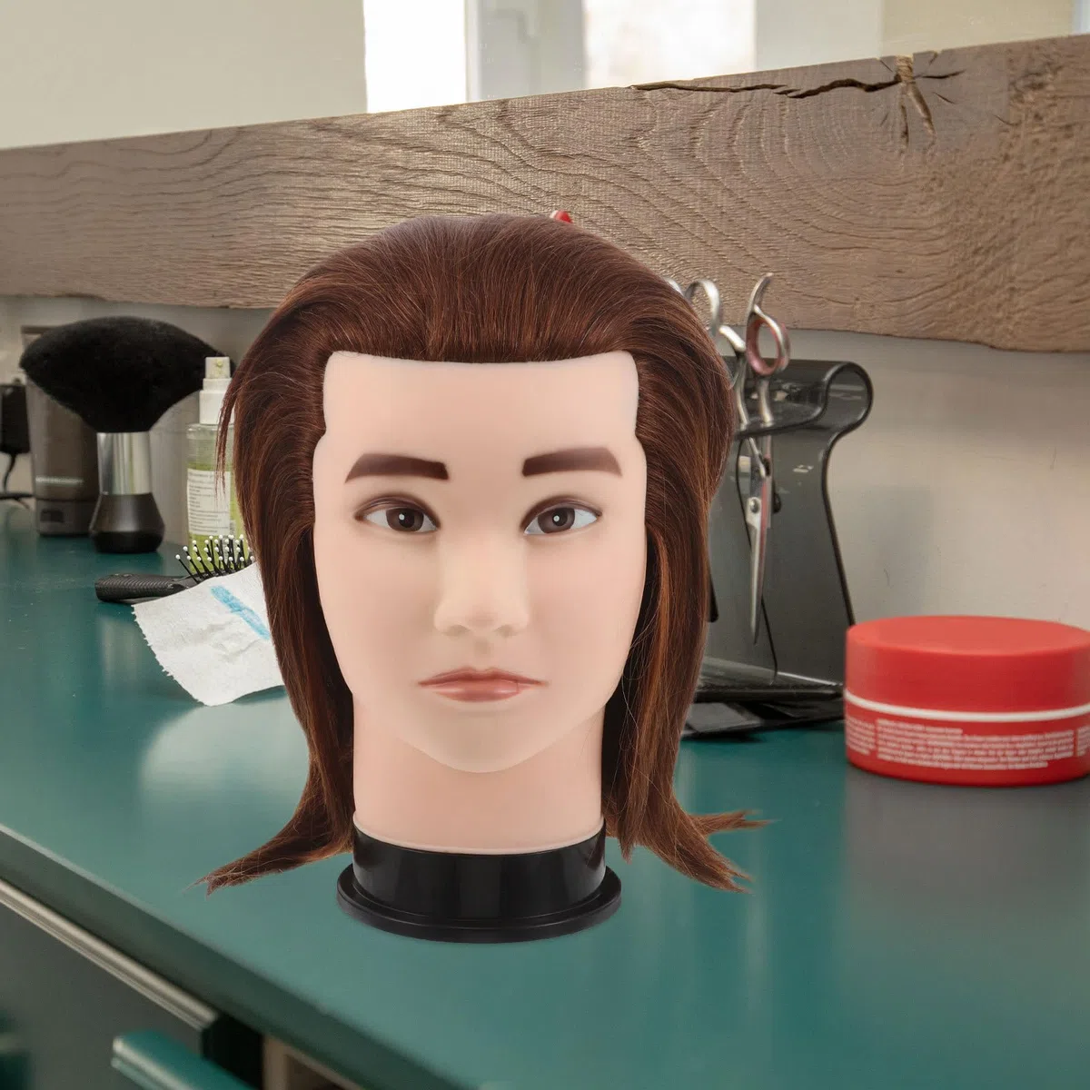 Housoutil Übungskopf mit Echthaar für Friseurübungen Braun 25cm Männlicher Haar Stylingkopf für Bartpflege und Kosmetikschulung Herrenfrisur Tutorial