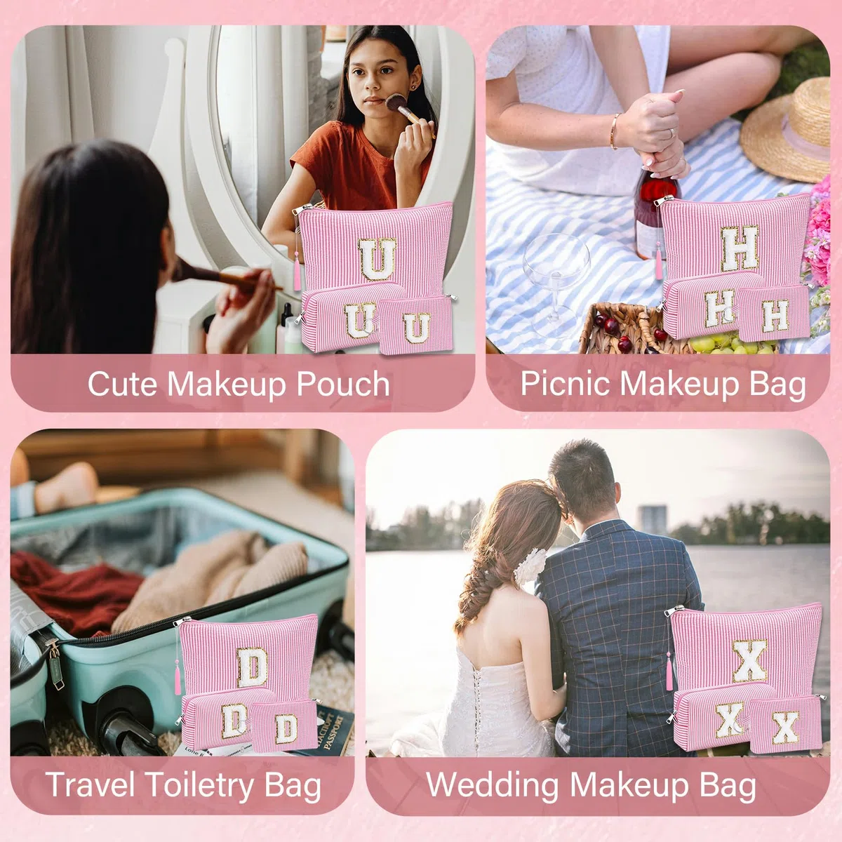 Kosmetiktasche mit Initiale, personalisierbar, Make-up-Tasche, Reise-Kulturbeutel für Mutter, Freundin, Ehefrau, Lehrer, Geburtstagsgeschenk für Frauen, Hautpflege für Mädchen, Pink, Größe S