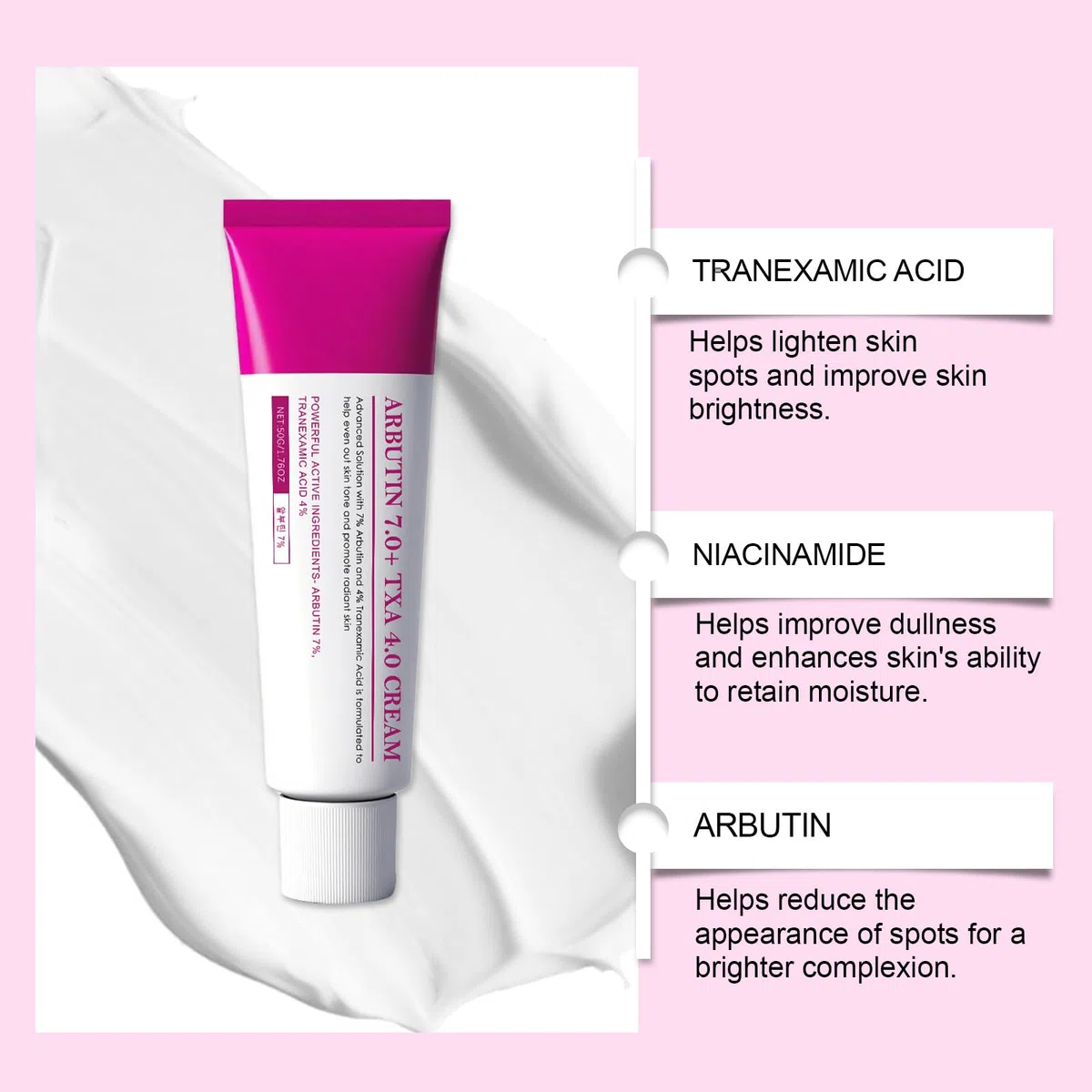 Arbutin 7 % + Tranexamic Acid 4 % Creme mit Niacinamid & Glutathione, Korean Facial Treatment, Lightens Dull Complexion, Evens Complexion Tone, Anti-Pigmentation, Fades Blemishes, Minimizes Freckles