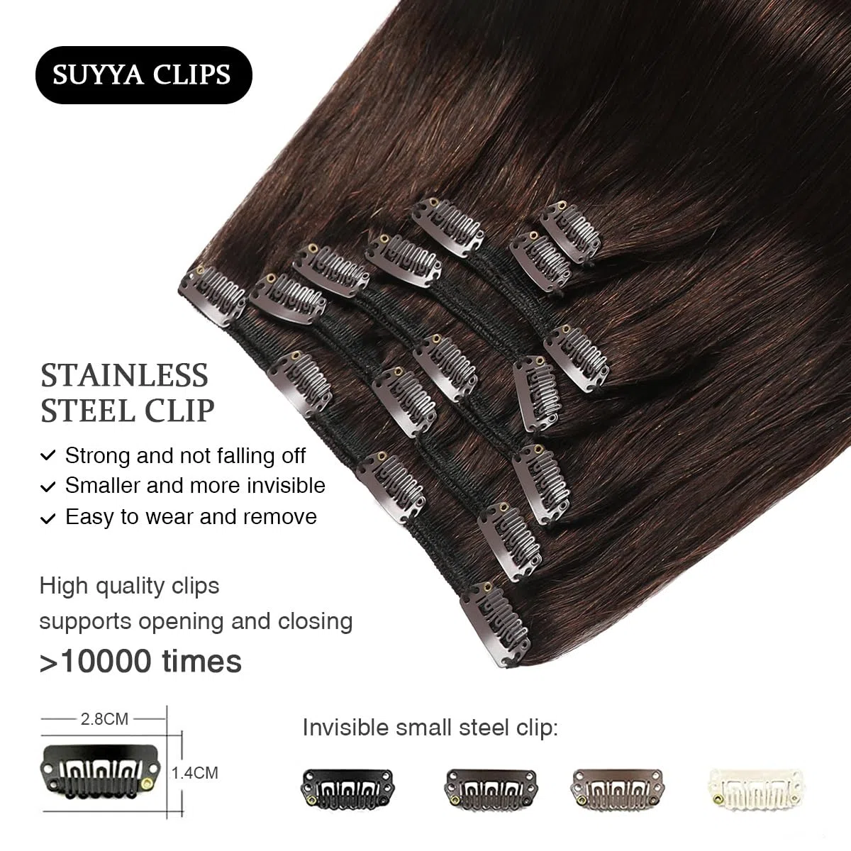 SUYYA Clip in Extensions Echthaar, Salon Remy Menschenhaar Extensions Echthaar Gerade Glatt Chthaar Extensions Clip Doppelt Genäht 14 Zoll 35cm 7 Stück 70G #2 Dunkel Braun