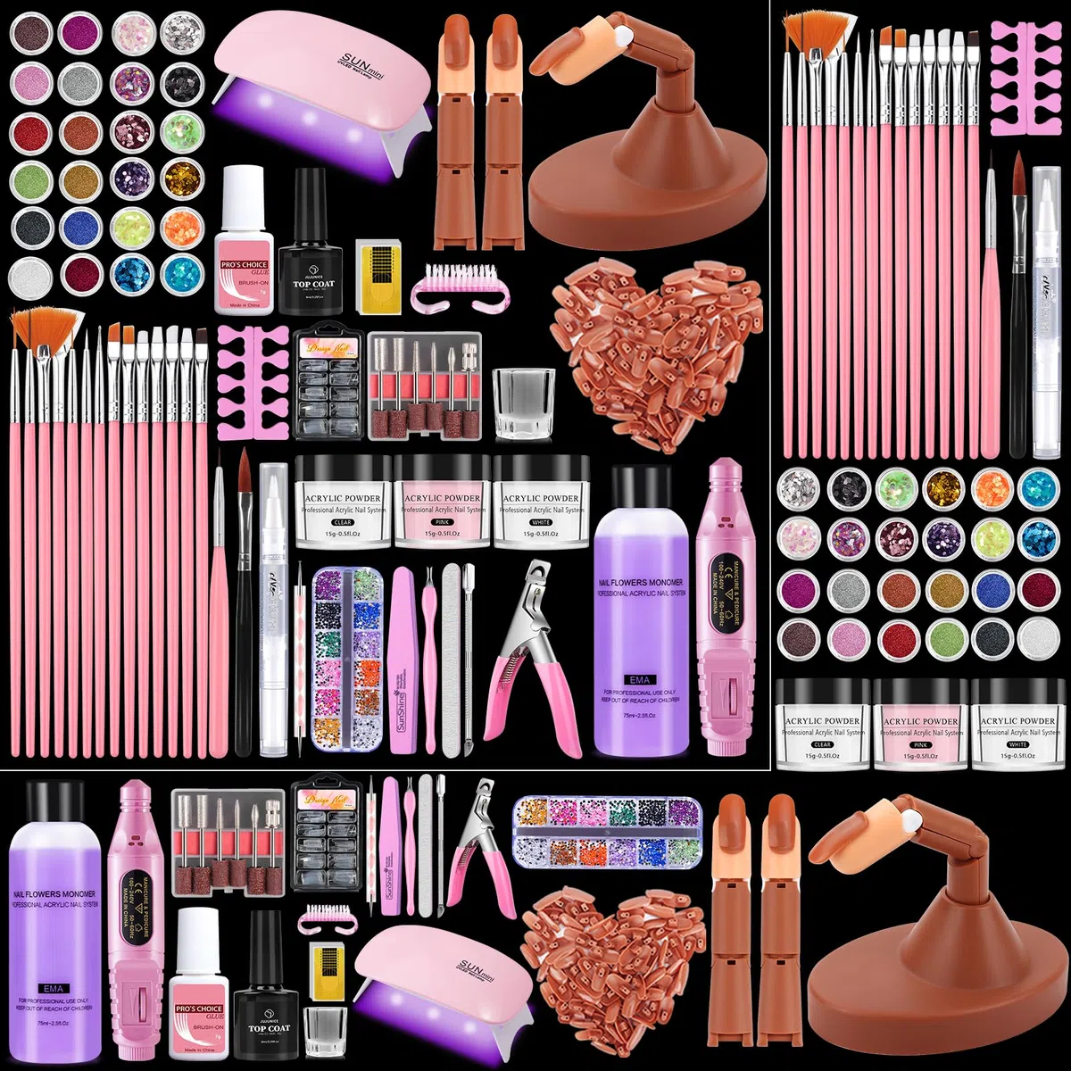 Acryl-Nagel-Set für Anfänger mit allem: Nagel-Acrylpulver-Flüssigkeitsset mit 3 Übungsfingern, Bohrer, UV-Lampe – Nagelkunst-Starter-Kits in rosa Tasche für Frauen, Mädchen, Zuhause, Salon, DIY
