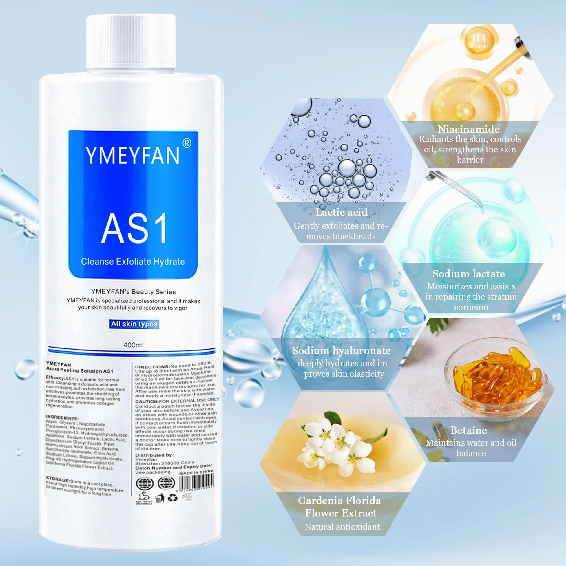 YMEYFAN Aquafacial Lösungen(English Ver.), AS1 SA2 AO3 Aqua Peeling Solution für Professionelle aqua facial gerät, Hydra Gesichtsbehandlung lösung, reinigendes, Peeling (400 ml/3 Flaschen)