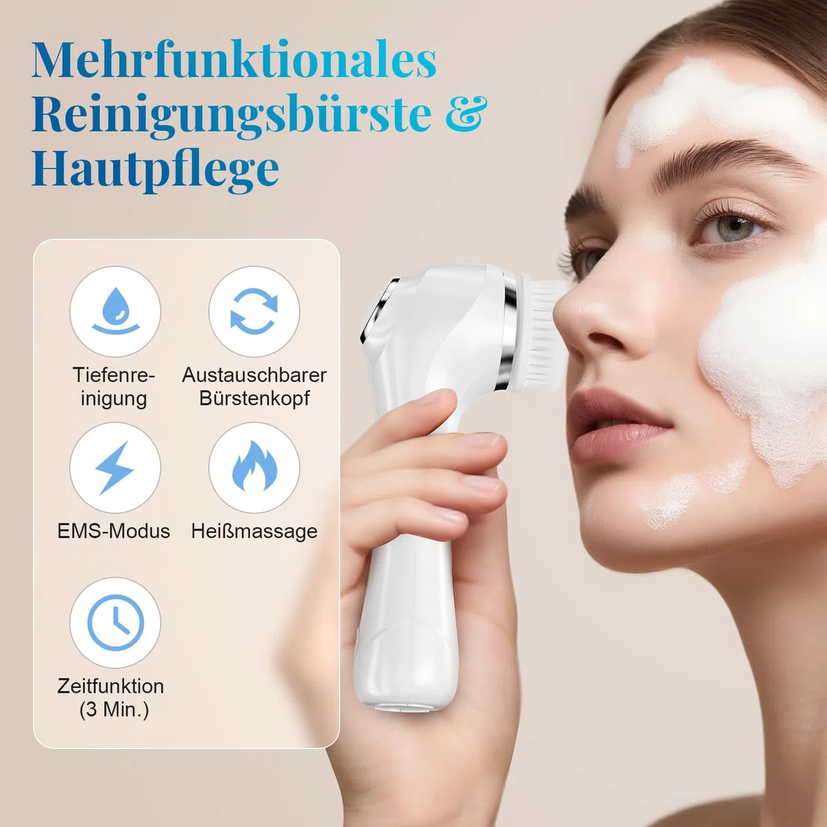 Elektrische Gesichtsreinigungsbürste, 2 in 1 Gesichtsbürste Mit 4 Bürstenköpfen, EMS Gesichtsmassagegerät mit Heizung Wasserdichte Gesichtsreinigung Tiefenreinigung für alle Hauttypen