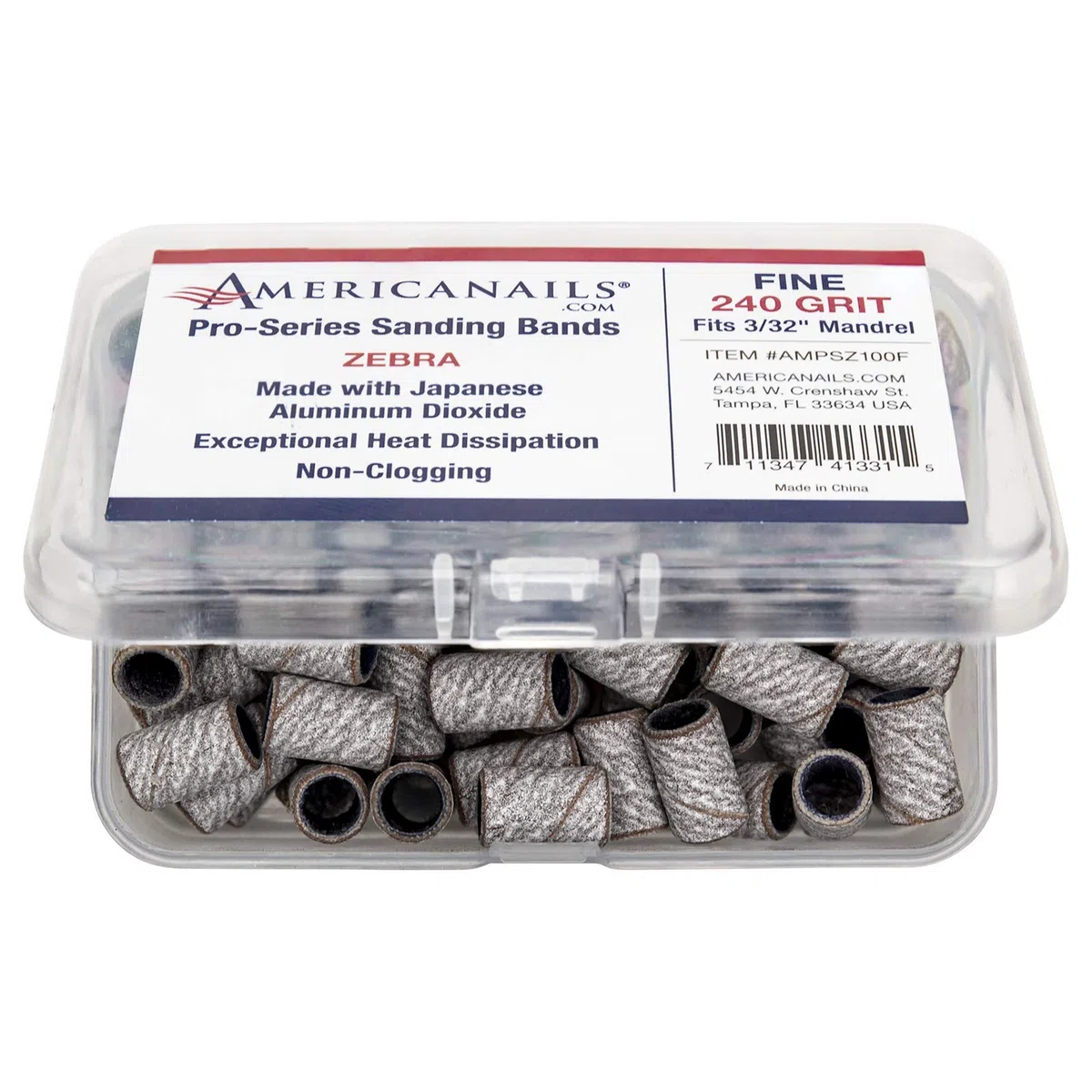 Americanails Pro-Serie Zebra Professionelle Schleifbänder für Acryl-Nagelfeilen-Bohrer, E-File Schleifbohrer-Set, Nagelpolitur und Feilen Werkzeuge – 100 Stück, feine Körnung 240