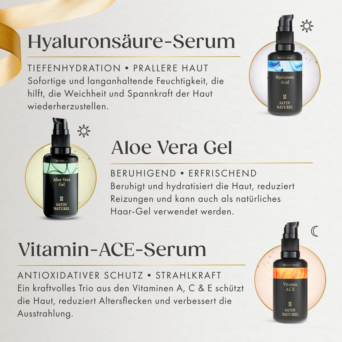 Satin Naturel Geschenkset für Frauen 5x30ml Skincare Routine Aloe Vera Gel Arganöl Vitamin C Serum Hyaluron Serum Retinol Creme Vegan Luxus Geschenkbox Premium Edition