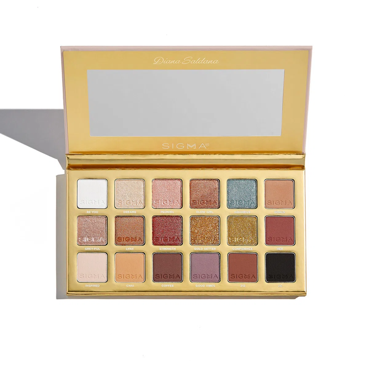 Sigma Beauty Diana Saldana Lidschatten-Palette – 18 einzigartige Lidschattenfarben, ausgewählt von Influencerin Diana Saldana, mit Spiegel
