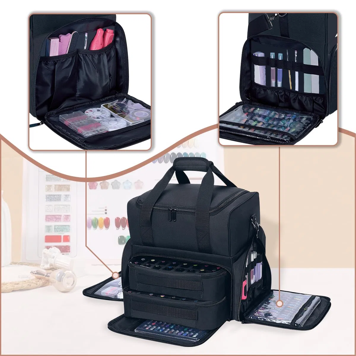 Nagellack Organizer Nagellack Aufbewahrung hält 80 Flaschen (15ml - 0,5 FL.oz) und eine Nagellampe, Nagellack Tasche mit 2 abnehmbaren Taschen und Werkzeugen Aufbewahrungsbereiche,Schwarz