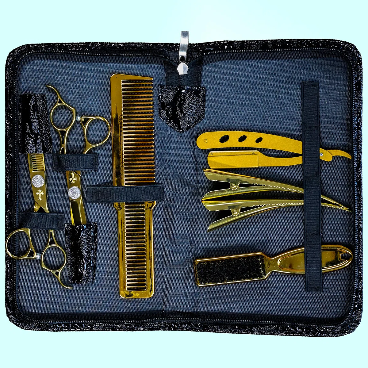 WR CASTLE Home Friseur Set Profi Komplett⏐ Haarschneideschere ⏐ Haarklammern ⏐ Bürste ⏐ Kamm ⏐ Rasiermesser ⏐ Umhang ⏐ Ledertasche