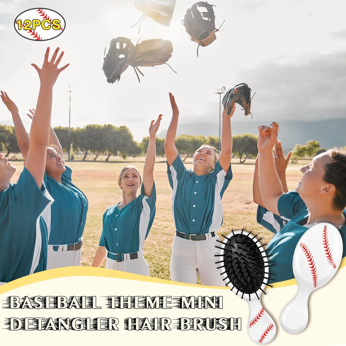 Baseball-Mini-Entwirrungsbürste, Mini-Reise-Haarbürste, Kunststoff-Entwirrungsbürste, kein Verheddern, weiche, flexible Borsten für glattes, lockiges, dickes Haar, für Baseball, Teamgeschenk, Sport