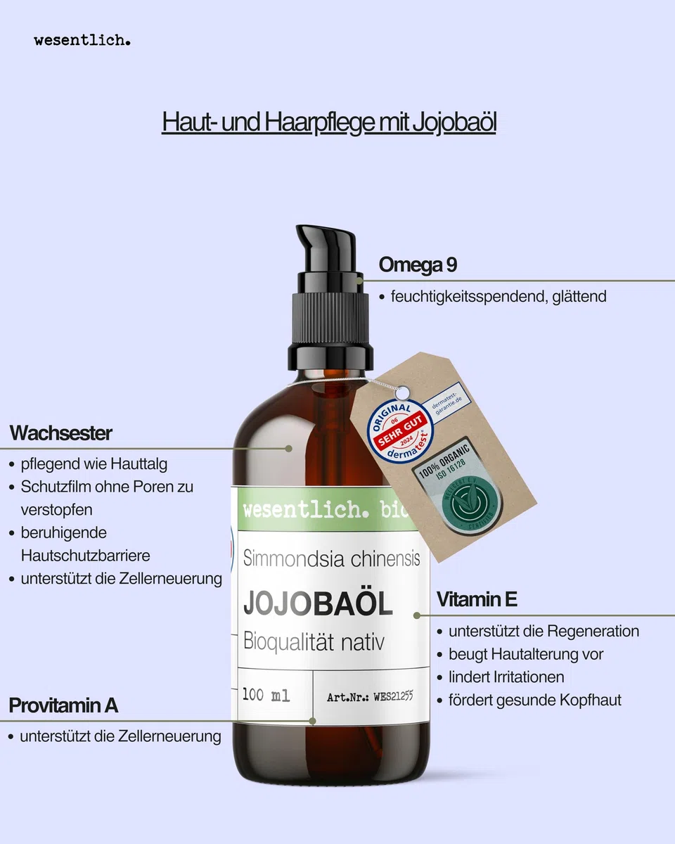 wesentlich. Jojobaöl Bio kaltgepresst | 100% rein und natürlich | Pure Pflege und Reinigung für Gesicht, Haut & Haare | 1000ml Braunglasflasche