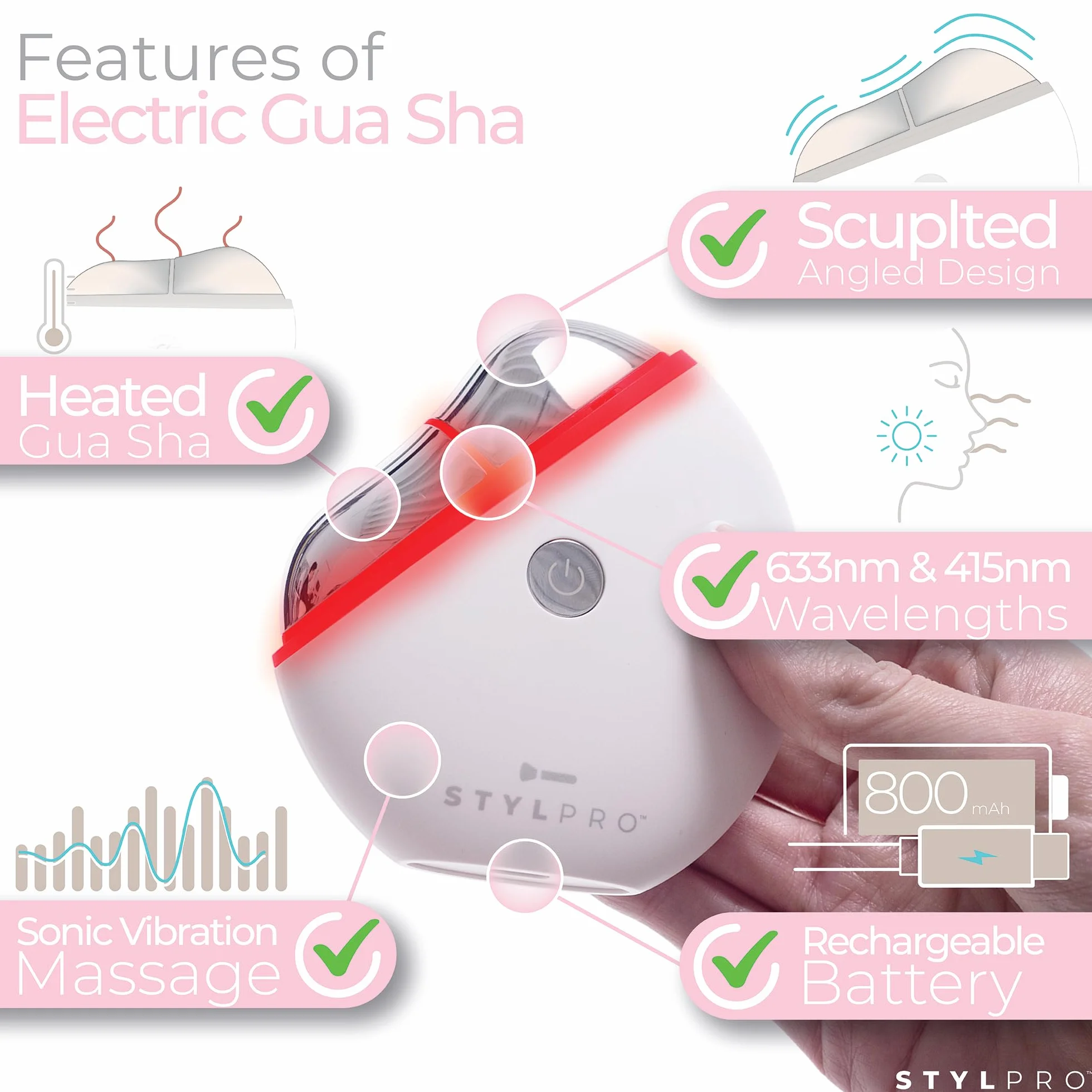 STYLPRO 6 in 1 Beheiztes LED-elektrisches Gua Sha - Gesichtsformung & Lifting Tool mit Rotlichttherapie & beruhigender Wärme - Vibration für Lymphdrainage & strahlende Haut