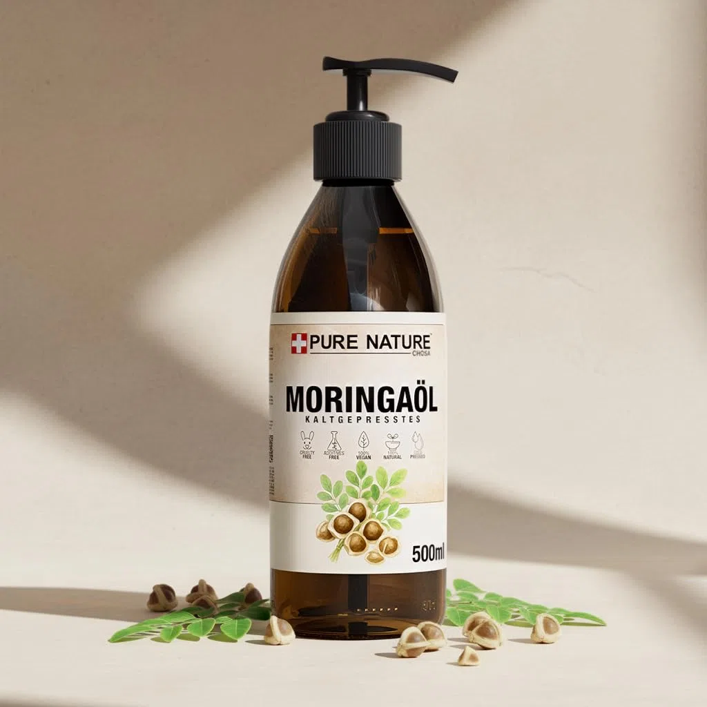 CHOSA Moringaöl 500 ml + Spender | Moringa Öl, Kaltgepresst, Unraffiniert, Veganes Hautpflegeöl, Feuchtigkeits, Pflege für Gesicht, Haut, Haar