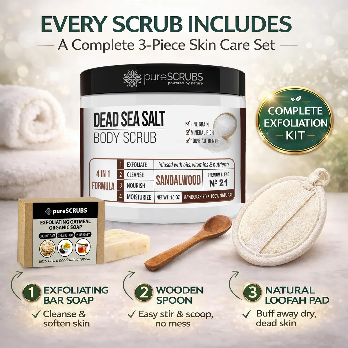 pureSCRUBS Premium Organic Body Scrub Set, groß, 400 ml, Sandalwood Body Scrub – Dead Sea Salt Infused Organic Essential Oils & Nährstoffe, inkl. Holzlöffel, Loofah und Mini Organic Exfoliating Bar