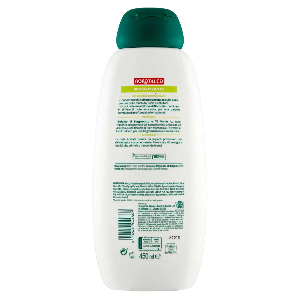12x Borotalco Bagnoschiuma Rivitalizzante - Duschgel mit Duft nach Bergamotte und Grüner Tee - Weiche, Glatte und Samtige Haut - Körperreiniger 450ml + Beni Culinari Kostenloser Schlüsselanhänger