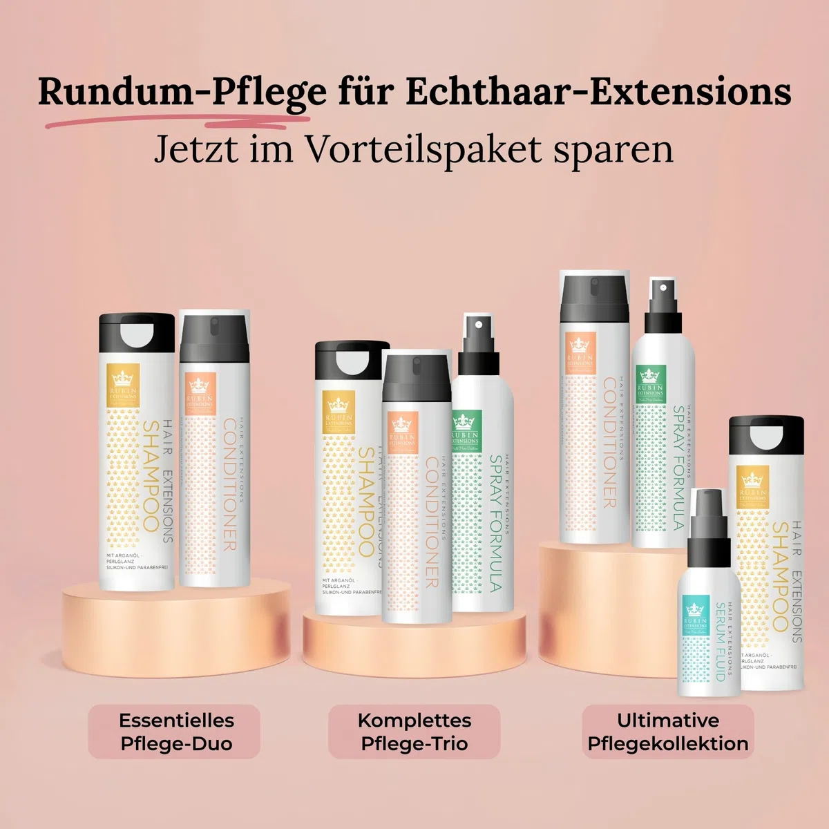 Rubin Extensions Komplett-Pflegeset – Conditioner 200 ml, Shampoo 250 ml, 2‑Phasen Spray 200 ml & Haarserum 50 ml – Extensions Pflege für Haarverlängerungen, Echthaar & Perücken – Sulfatfrei, Keratin