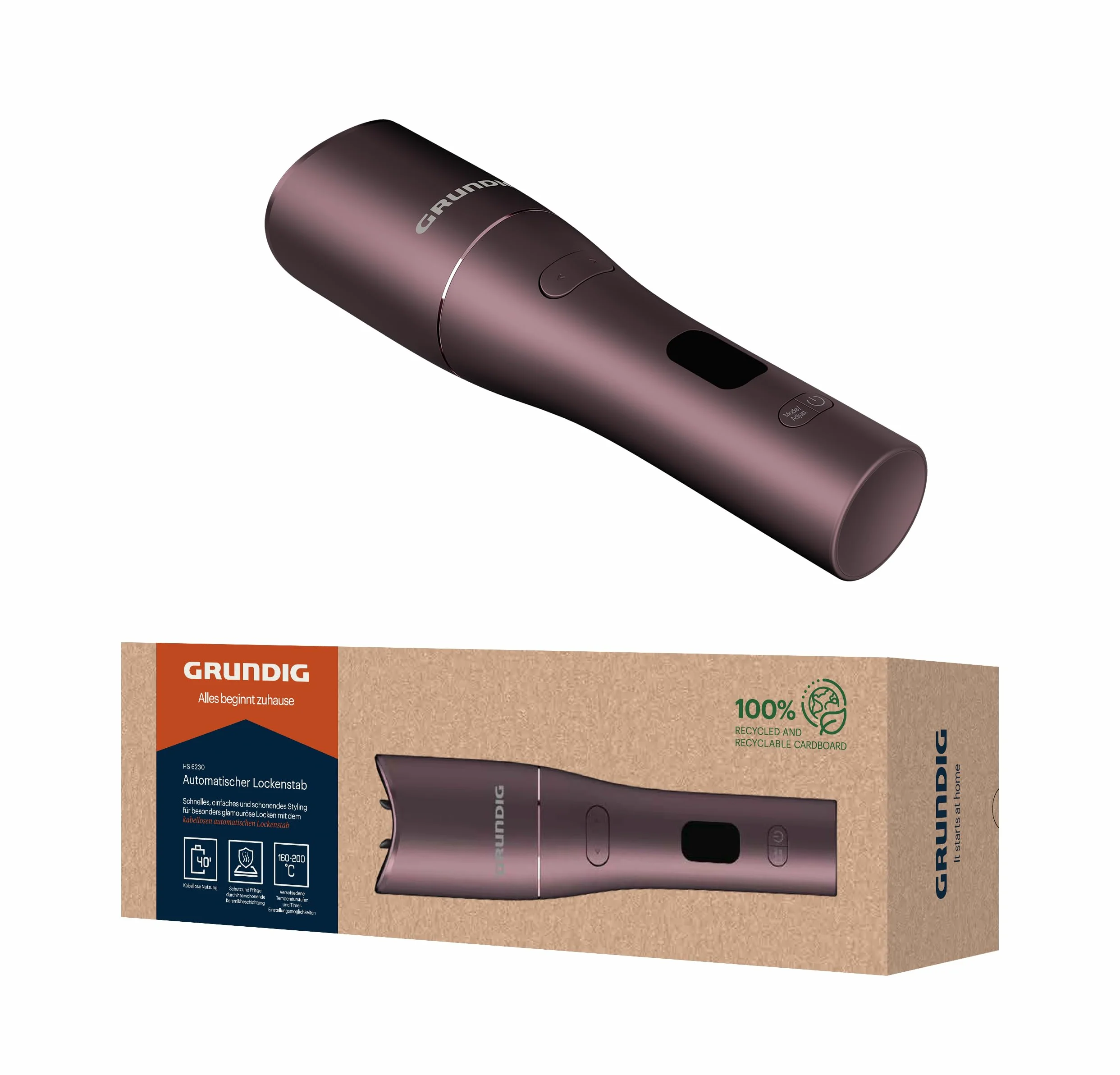 Grundig EasyCurl, automatischer Lockenstab, HS 6230, große und kleine Locken, lange und kurze Haare, kabellos, akkubetrieben, 3 Temperaturstufen, Keramikbeschichtung, Timer, LCD, Violett