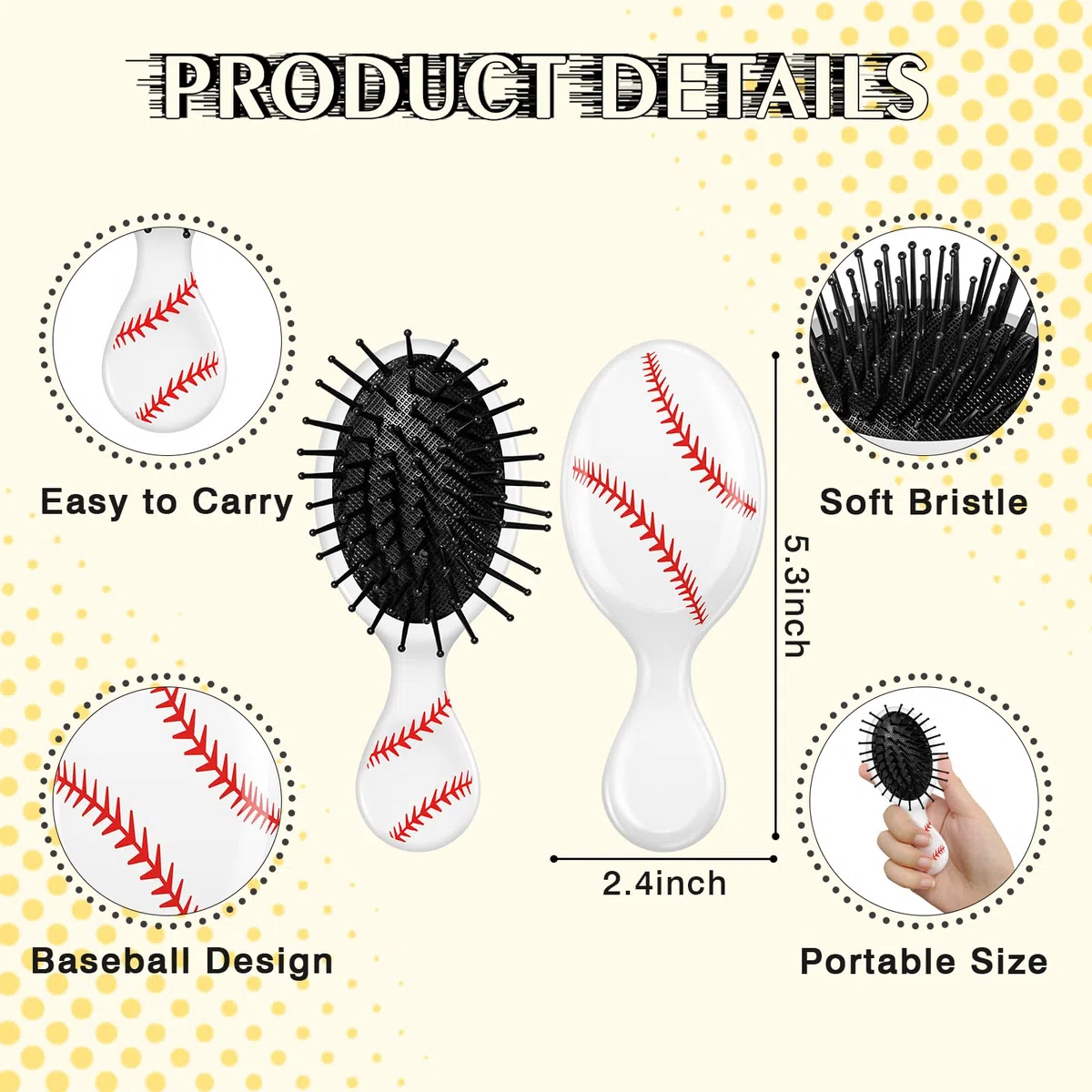 Baseball-Mini-Entwirrungsbürste, Mini-Reise-Haarbürste, Kunststoff-Entwirrungsbürste, kein Verheddern, weiche, flexible Borsten für glattes, lockiges, dickes Haar, für Baseball, Teamgeschenk, Sport