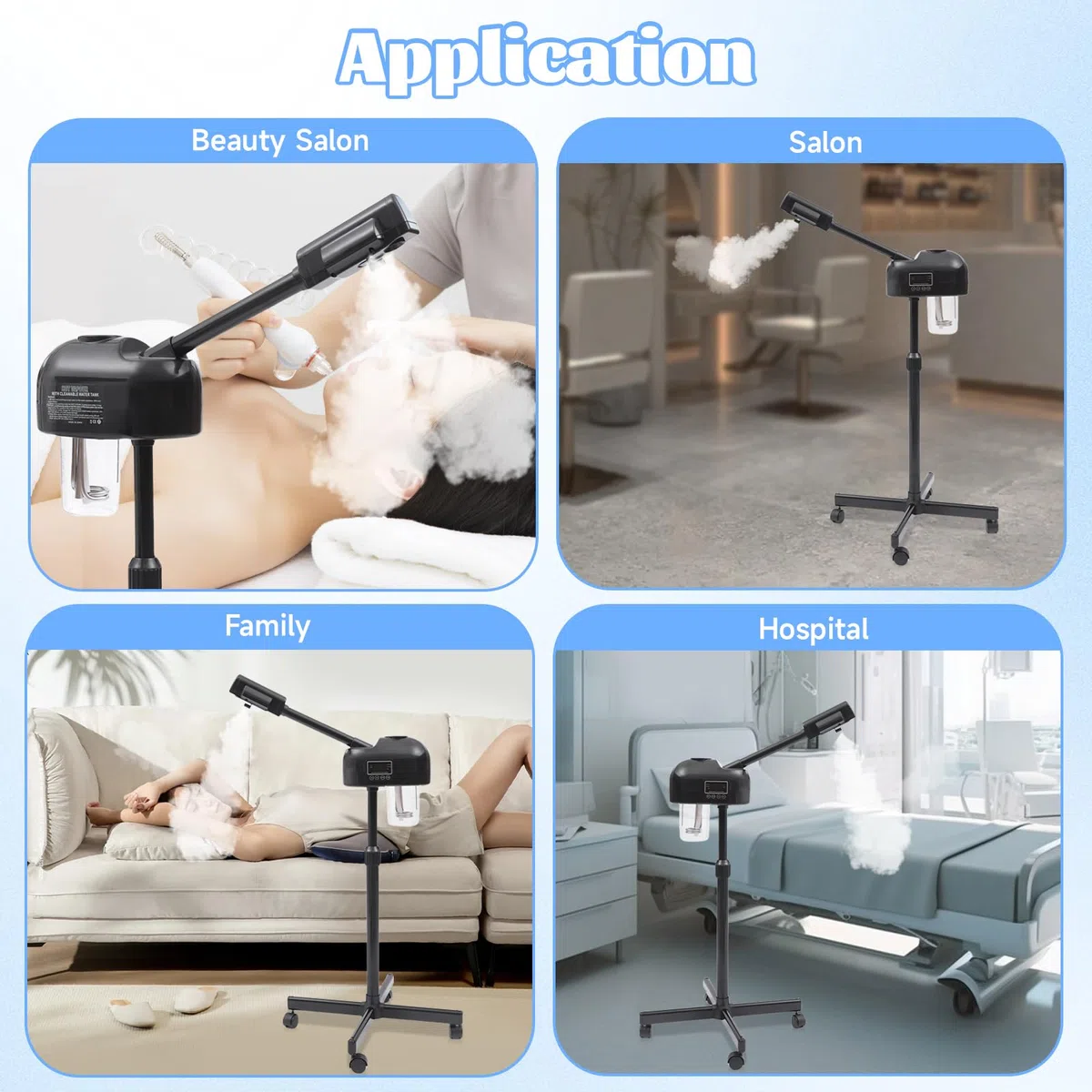 Tragbarer Vapozon, ästhetisch, professionell, höhenverstellbar, Gesichtsdampf, mit LCD-Display und Rollen, geeignet für Schönheitssalons, zu Hause (schwarz)