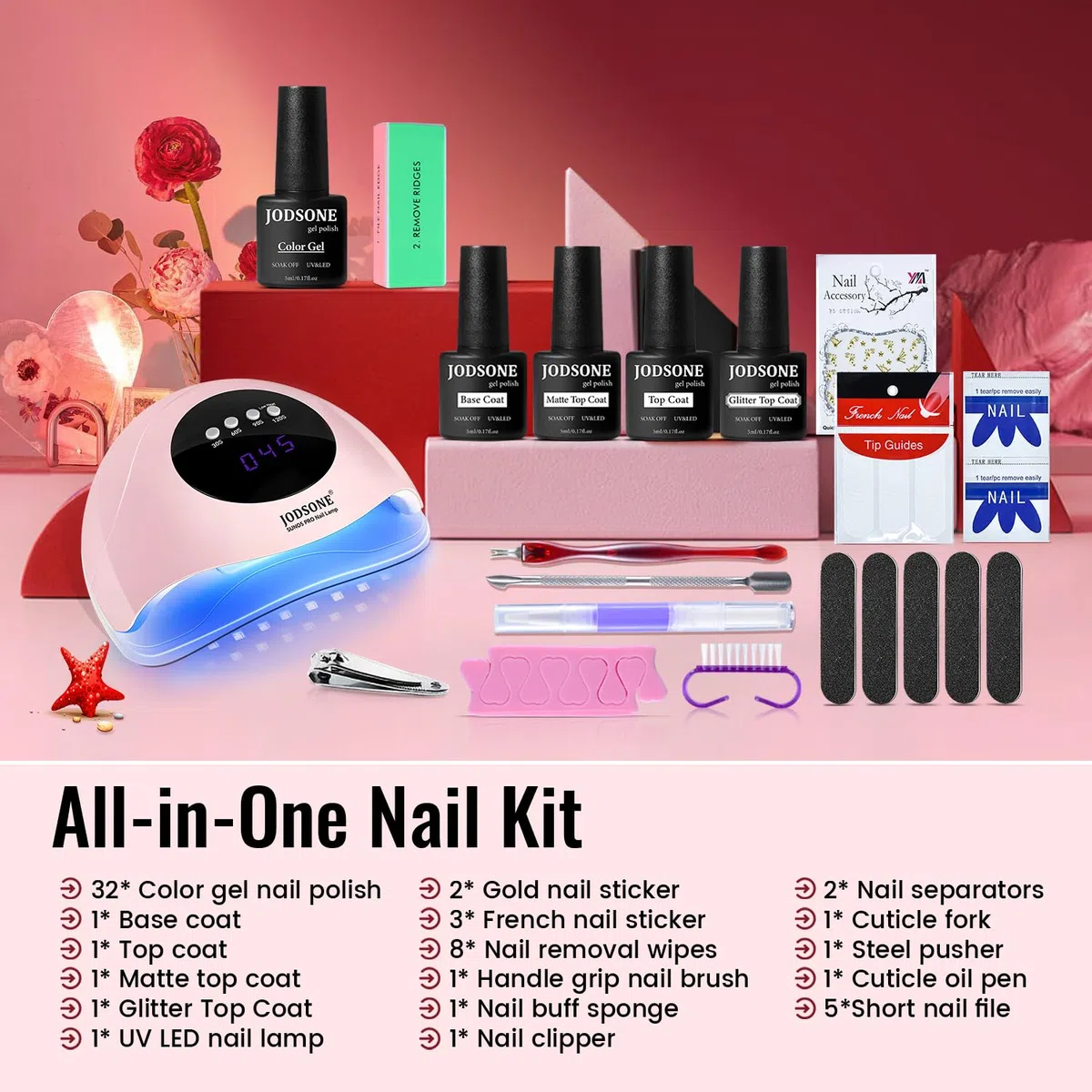 JODSONE Gel-Nagellack-Set mit UV-Licht 32 Farben Gel-Nagellack + 4 funktionelle Klebeflaschen-Set Soak-Off-Maniküre-Werkzeuge Geschenke für Frauen
