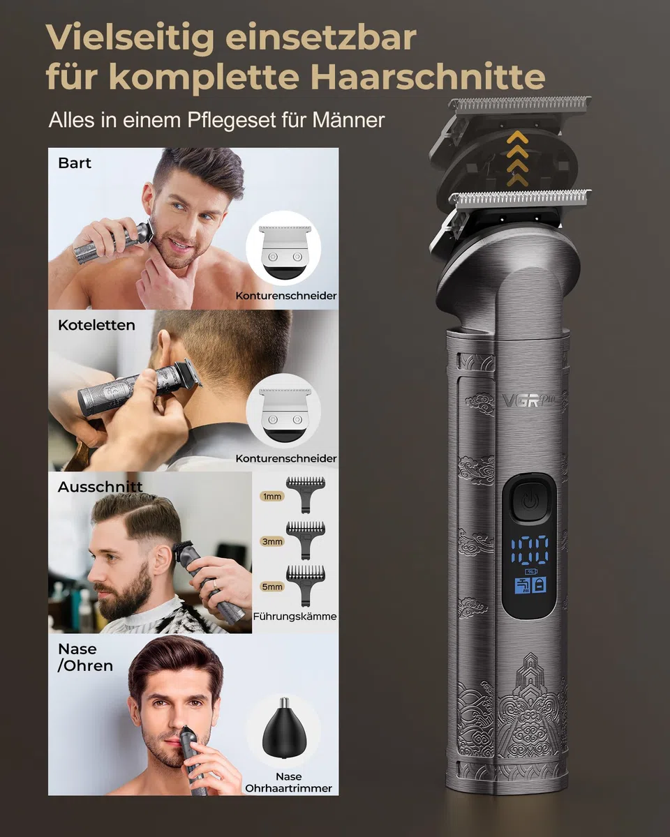 VGRPRO Kabellose Haarschneidemaschine Profi für Männer, Elektrischer Trimmer Herren Set mit Paket Box (Gray)