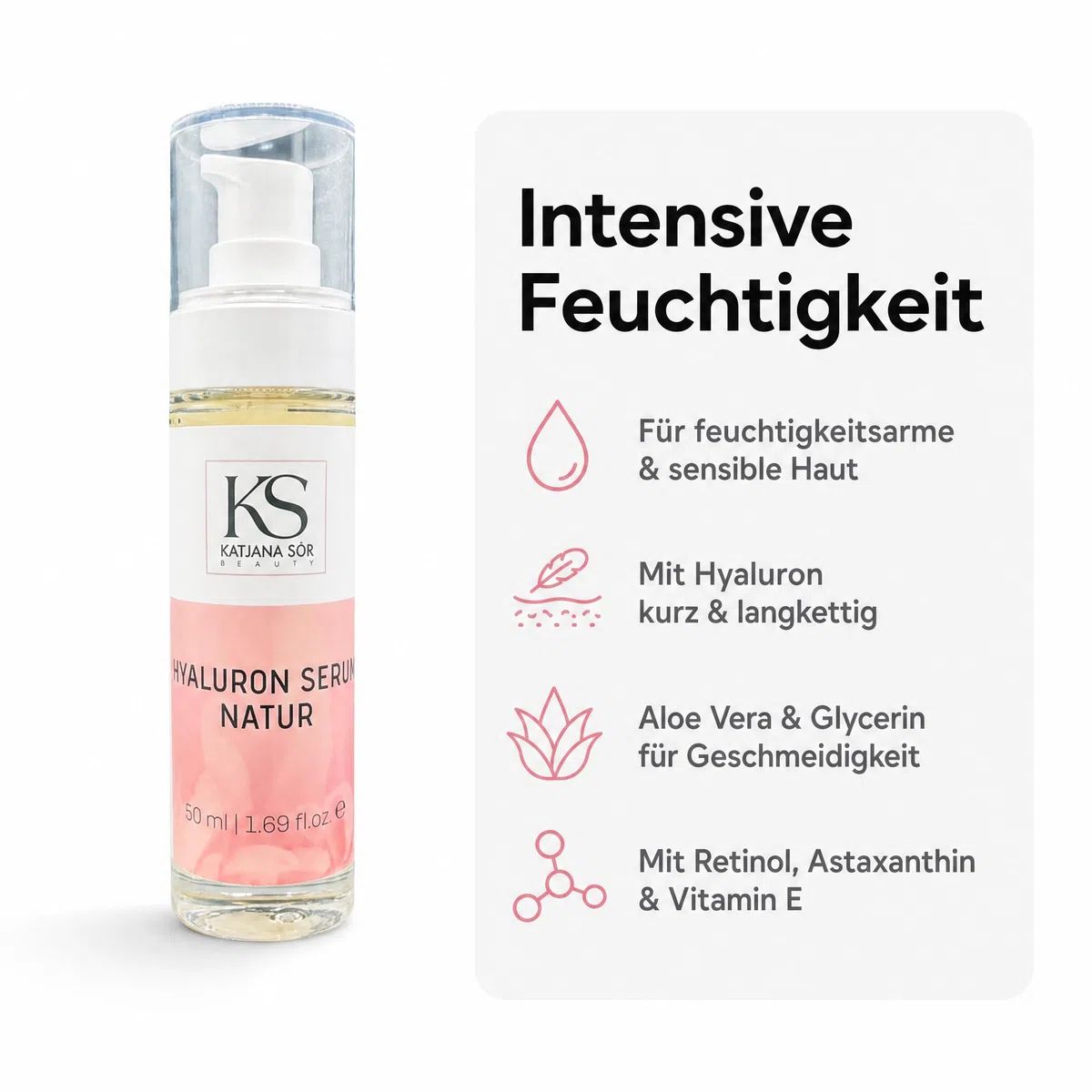 KS Beauty Hyaluronserum Natur – Feuchtigkeitsserum mit Hyaluronsäure, Aloe Vera, Retinol, Astaxanthin & Vitamin E (50 ml)