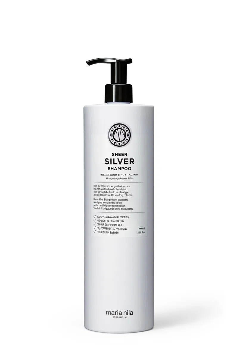 Maria Nila Silver Shampoo blondes Haar Damen, Sheer Silver Anti Gelbstich Shampoo mit Brombeerextrakt, Haarshampoo Frauen für blondiertes und graues Haar (vegan, sulfat- und parabenfrei), 350 ml