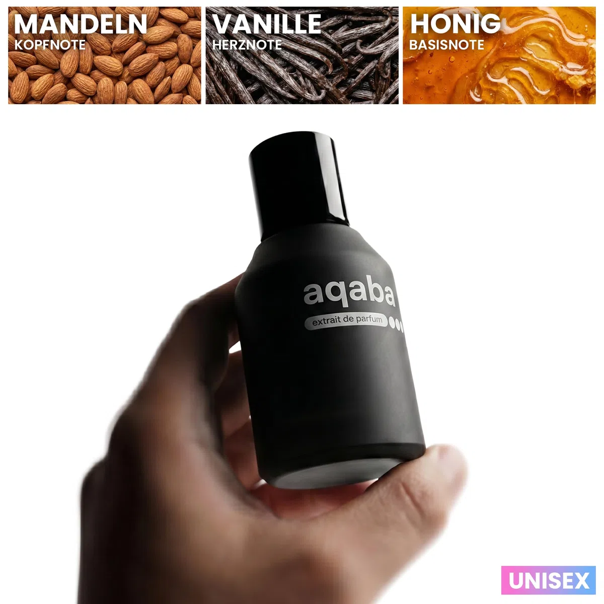 AQABA - Extrait de Parfum Unisex 50 ml – (35% Duftöl) mit Pheromonen - Orientalisch-süßer Duft mit Mandel, Vanille & Honig - bis zu 12h lang anhaltender Duft - Made in Germany