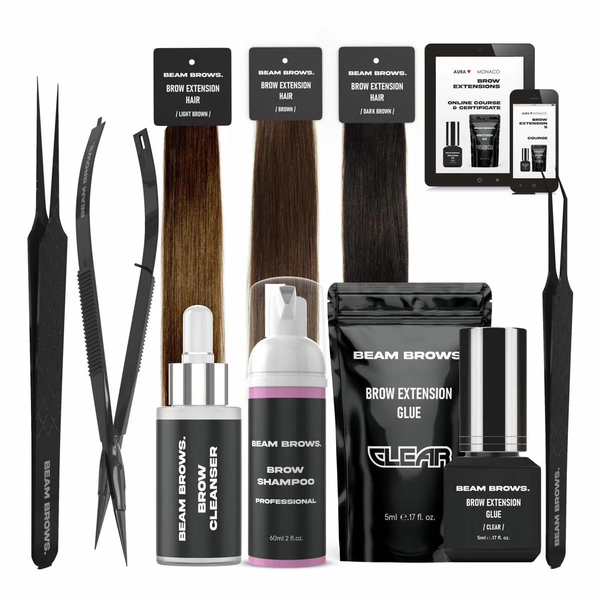 AURA Monaco | Brow Extensions Set Premium– 100% Echthaar in 3 Farben, Brow Extension Kit für 40+ Behandlungen – Professionelle Augenbrauenverlängerung für Studios