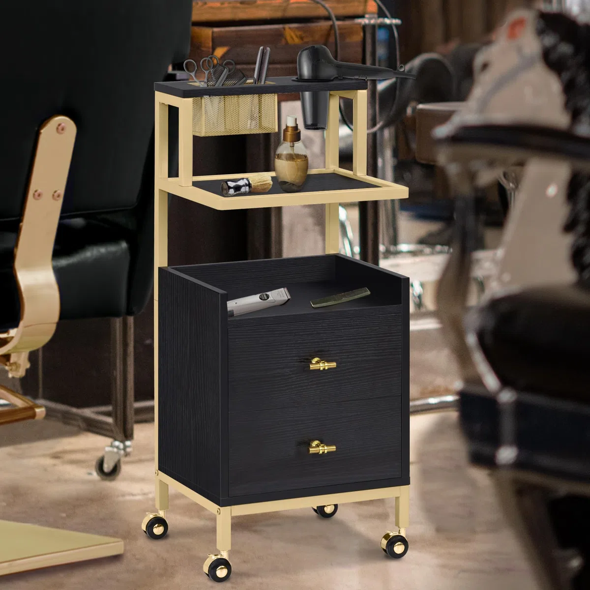 Barberpub Rollwagen Servierwagen Friseurwagen 2 Schubladen Salon Trolley 2 Ablagen Föhnhalter Schwarz-Gold
