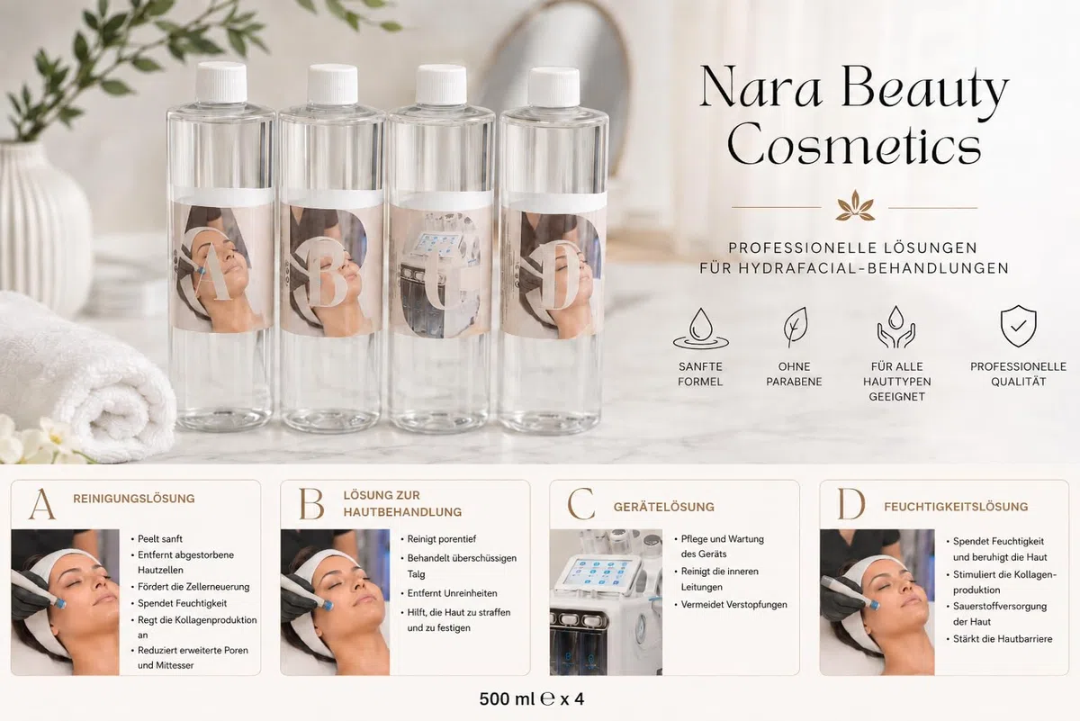Nara Beauty Cosmetics Set für Hydrafacial-Maschinen, 4 x 500 ml, Reinigungslösungen, Behandlung, Feuchtigkeitsversorgung und Maschinenpflege