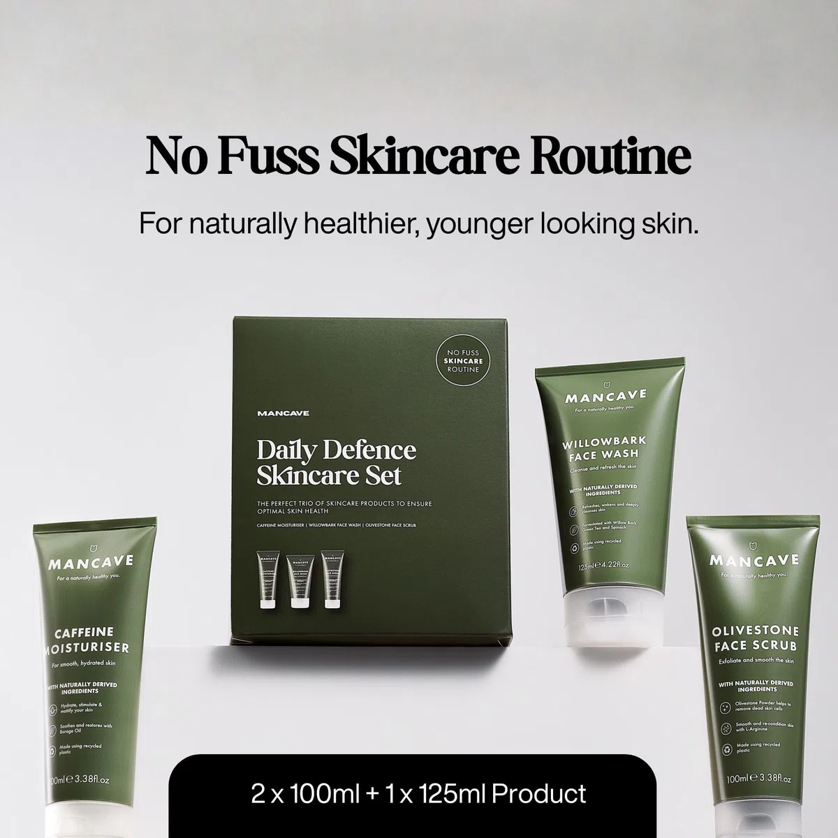ManCave Gesichtspflege Set Herren 3-Teilig - Geschenkset Männer mit Waschgel, Peeling & Feuchtigkeitscreme - Natürliche Hautpflege Männer - Vegan - Pflegeset Geschenk
