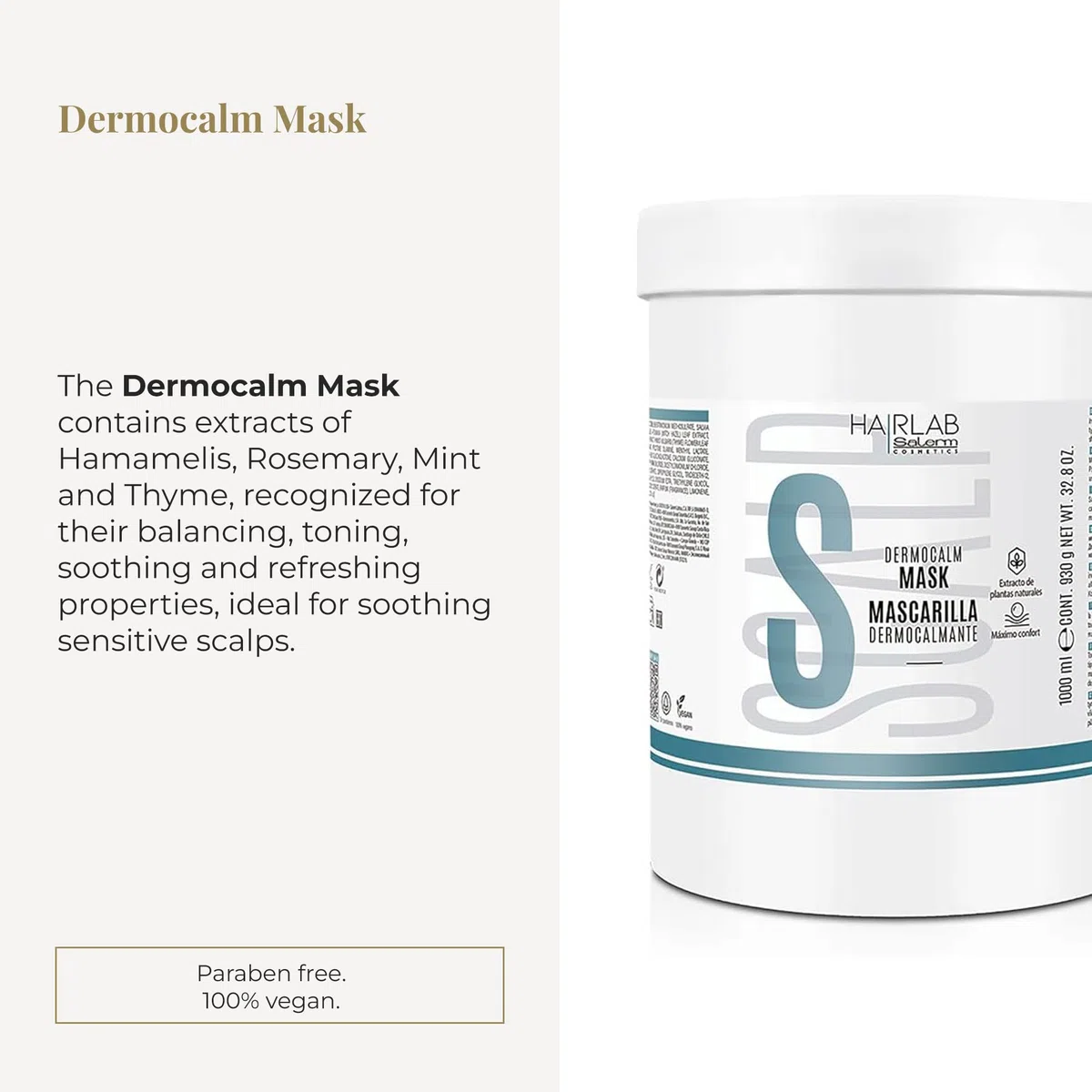 SALERM Dermocalm Hair Lab Dermocalm Haarmaske, 1000 ml, mit Hamamelis, Rosmarin, Minze und Thymian, sanfte Reinigung, beruhigt und ausgleichend, empfindliche Kopfhaut, ohne Parabene