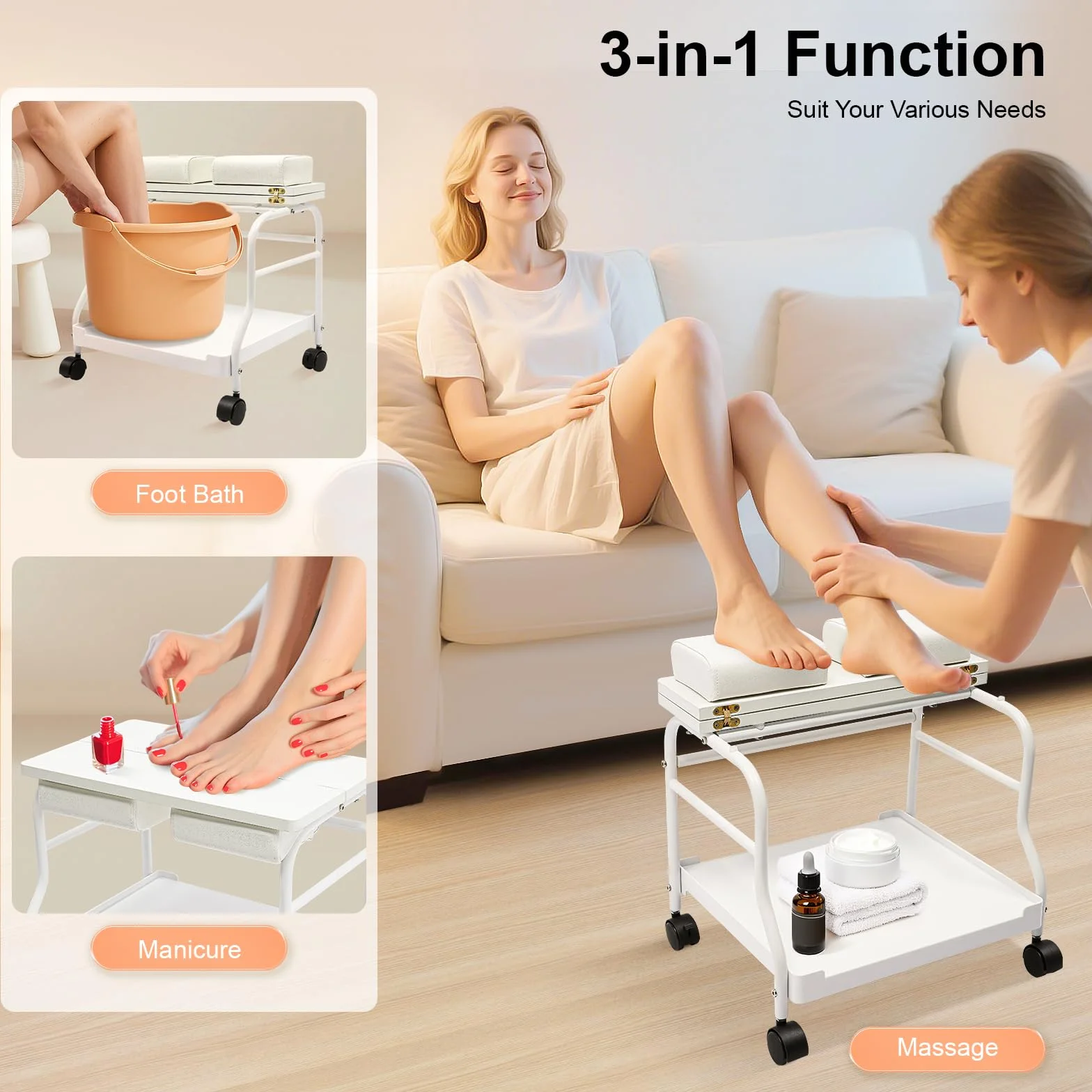 Fußbad Spa Tragbar Trolley, mit Zusammenklappbarer Tischplatte und Klein Lenkrollen, Fußstütze Pediküre Maniküre Funiture Massage Tisch Salon für Fußbäder, Fußmaniküre, Fußmassagen