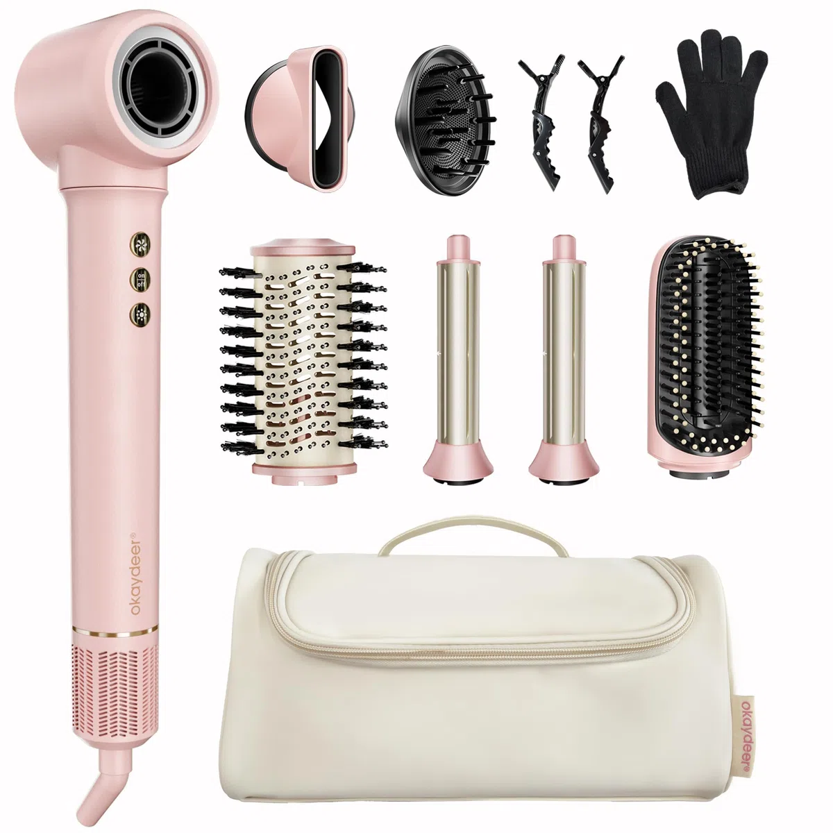 Airstyler 7 in 1 Ionen Föhn mit Diffusor Lockenstab Haartrockner Glätteisen Volumenbürste Warmluftbürste Reisetasche Rosa