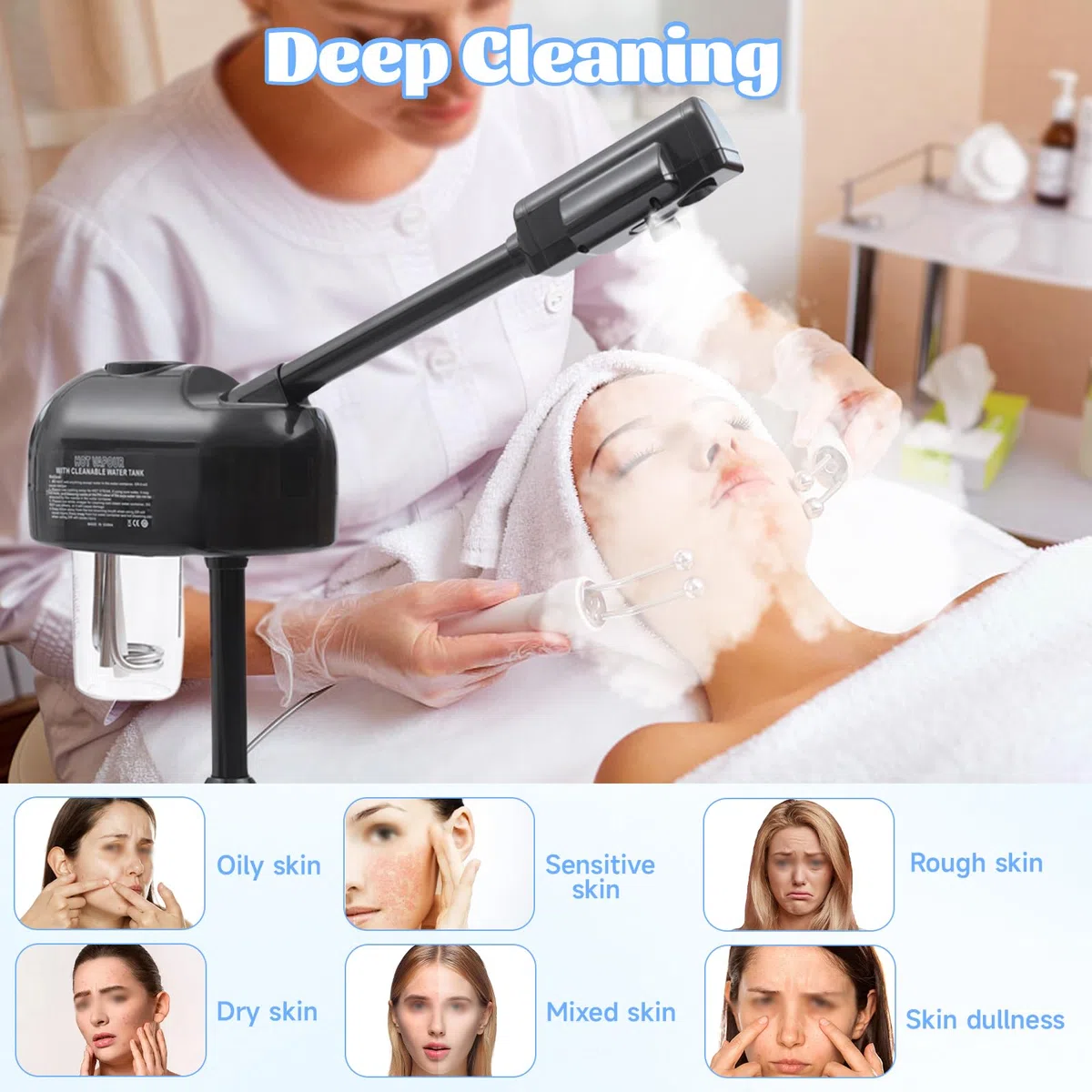 Tragbarer Vapozon, ästhetisch, professionell, höhenverstellbar, Gesichtsdampf, mit LCD-Display und Rollen, geeignet für Schönheitssalons, zu Hause (schwarz)