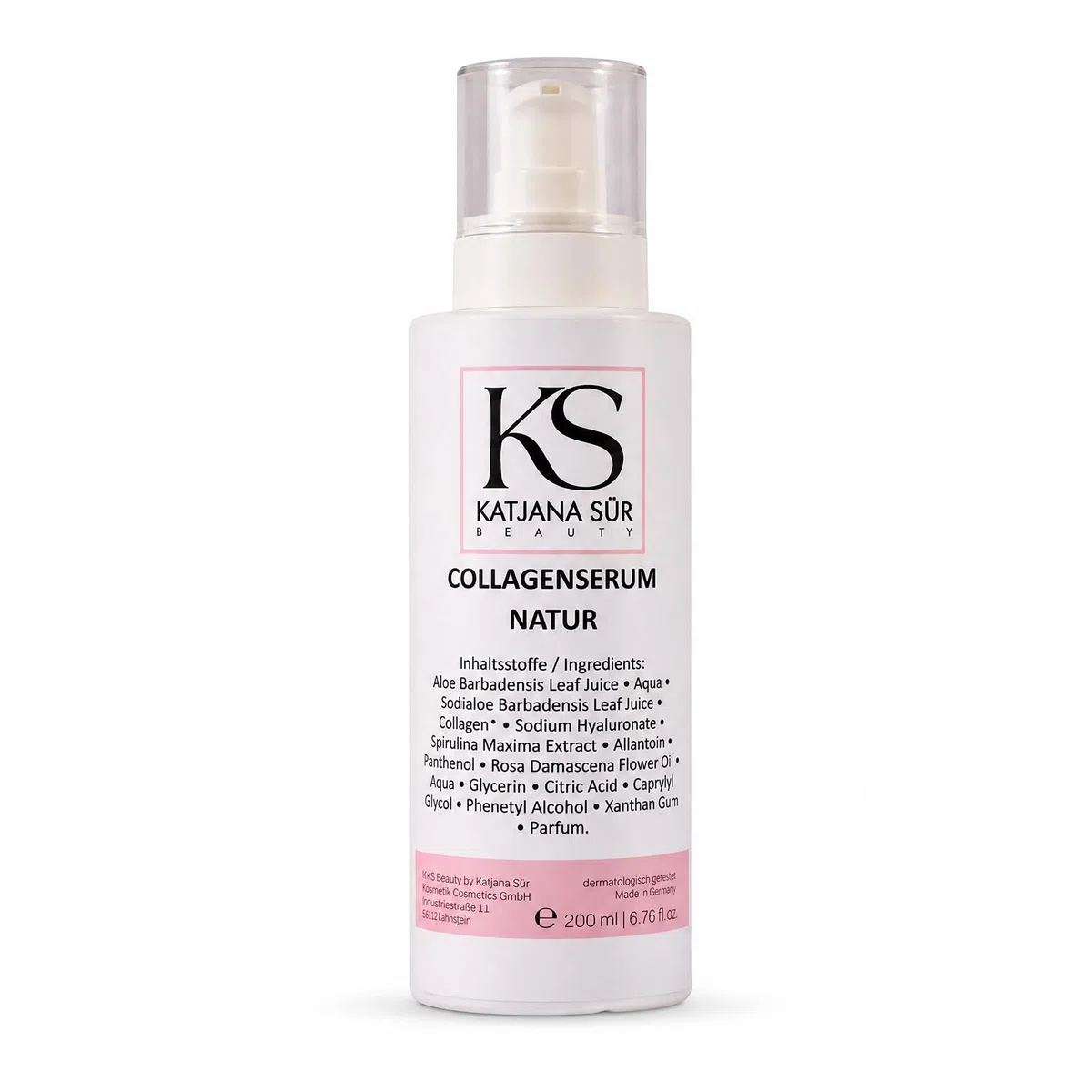 KS Beauty Collagen Serum Natur, Hyaluron & Aloe Vera, 200 ml | Feuchtigkeitsserum für Gesicht mit Rosenöl, Spirulina & Panthenol – dermatologisch getestet, Made in Germany