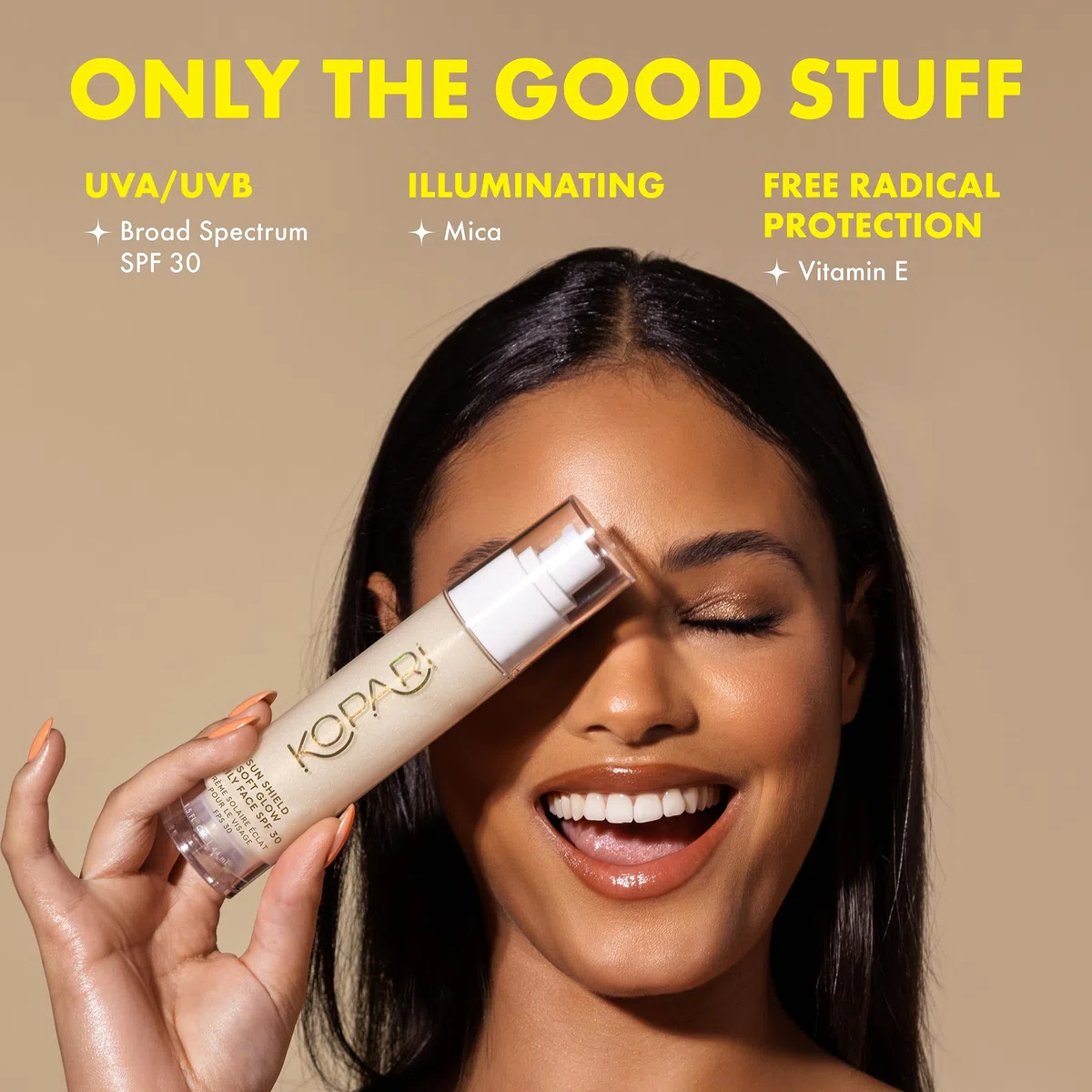 Kopari Sun Shield Soft Glow Täglicher Gesichts-Sonnenschutz LSF 30, leicht und durchscheinend, strahlender und gesunder Glanz, perfekt