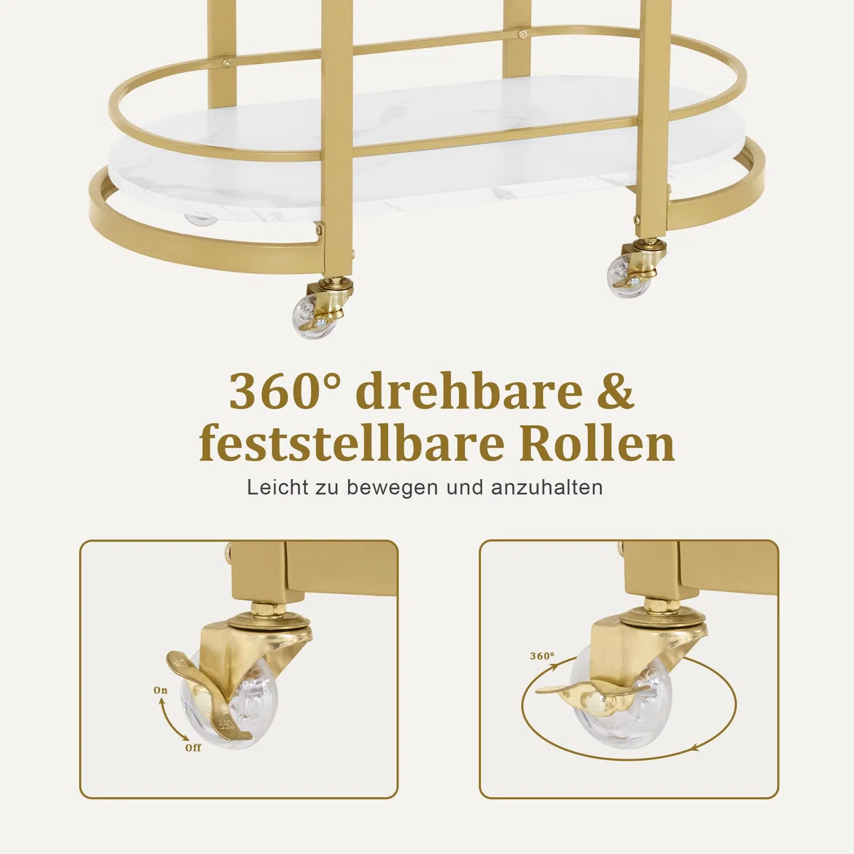 M MCombo Servierwagen mit Rollen, Küchenwagen Barwagen Metallgestell Weiß-Gold, 3 Ebenen, 40x75,5x80