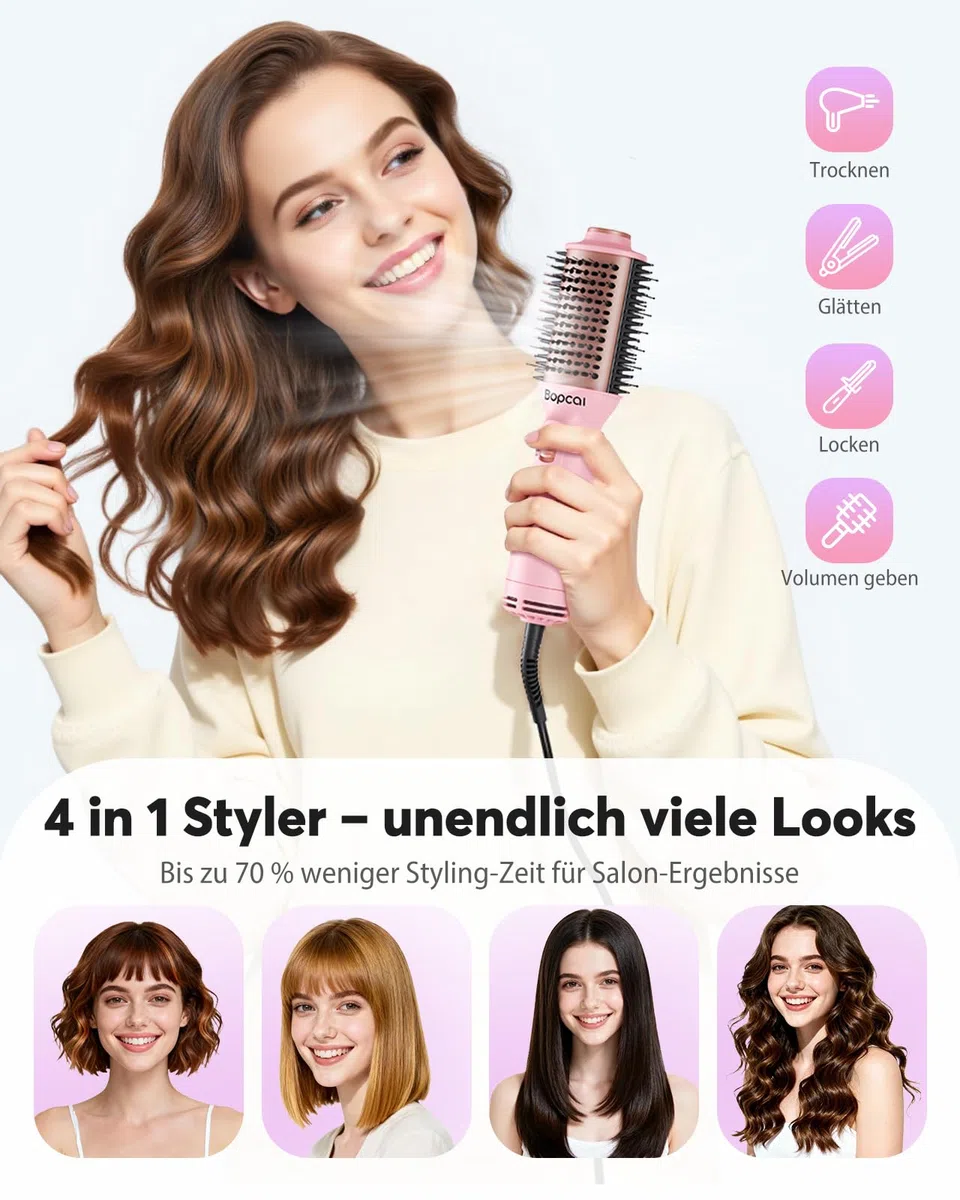 Bopcal Mini Warmluftbürste 4-in-1 Ionen Föhnbürste Heißluftbürste für Volumen & Glatte Haare, Anti-Frizz Rundbürstenföhn, Tragbar mit Dualspannung für Reisen, 3 Temperaturstufen, SM-6129 101