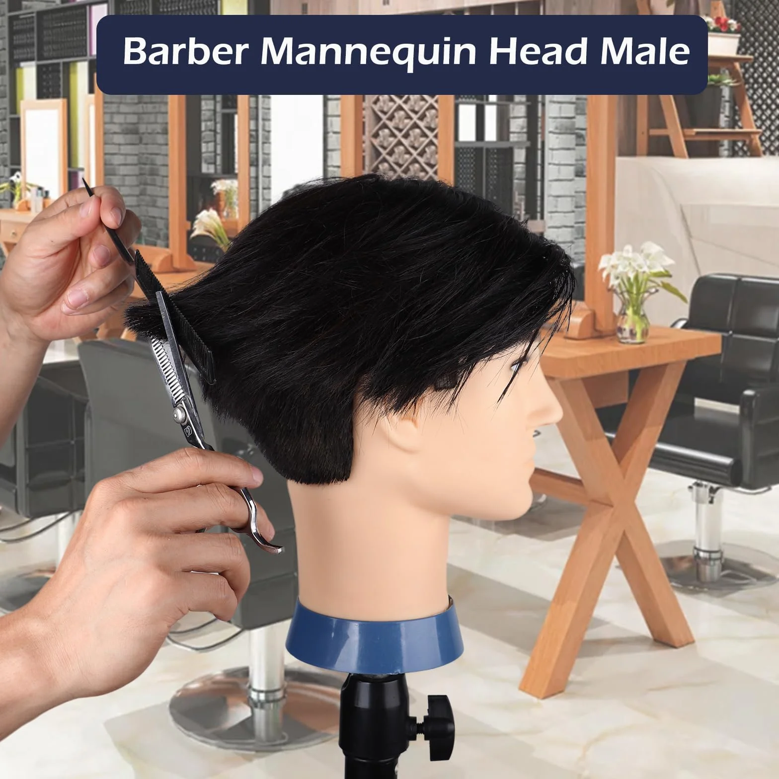 Mann Frisierkopf 100% Echthaar, Frisurenkopf Männlicher Haarschnitt Übungskopf mit Haar, Friseur Kopf Mannequin Head Puppenkopf mit Tischklemme (Schwarz, 35 cm)