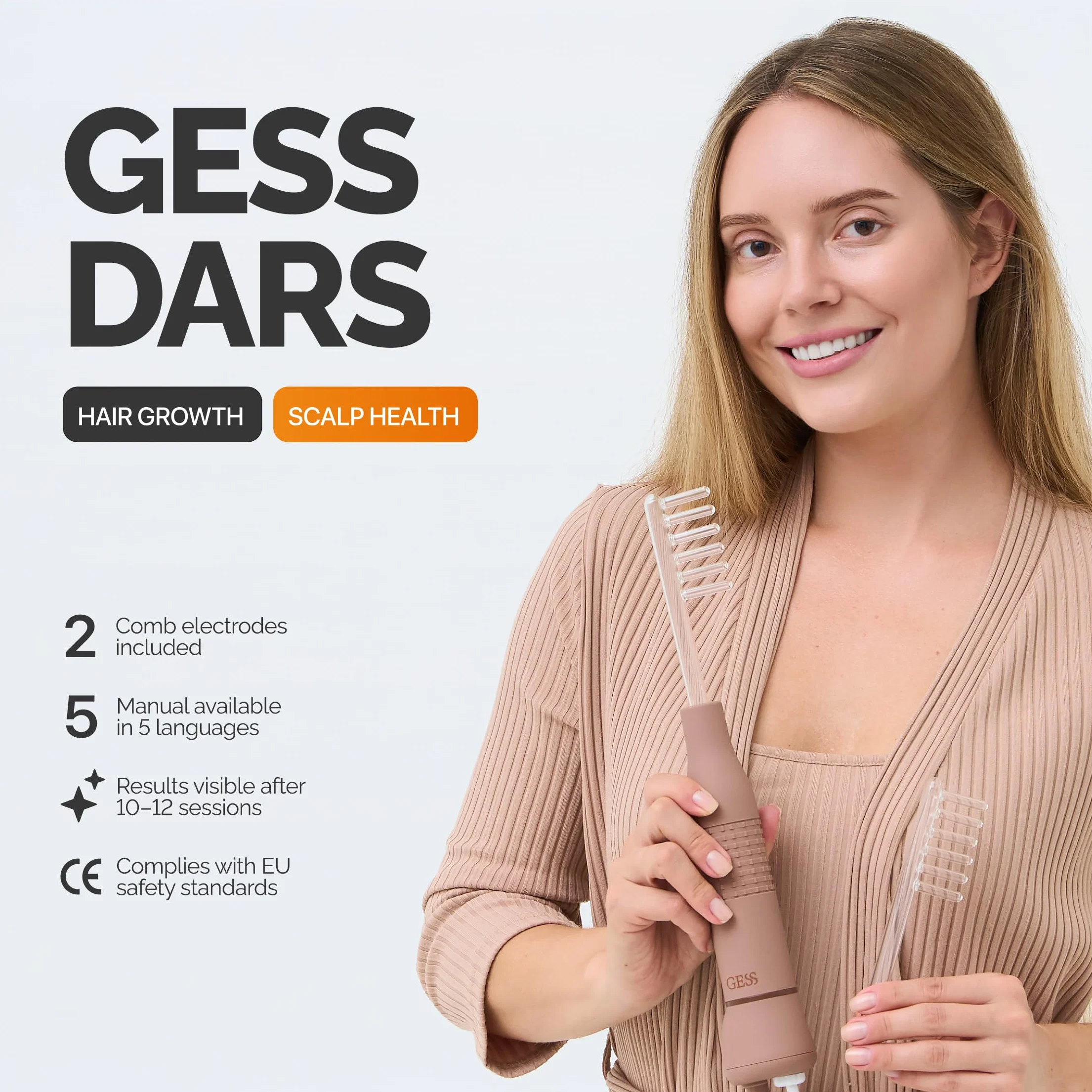 GESS DARS Hochfrequenzstab – 2 Kammelektroden für Kopfhaut & Haare – Darsonval gegen Haarausfall & Schuppen – Neon-Elektrode, stufenlose Intensität, CE-zertifiziert