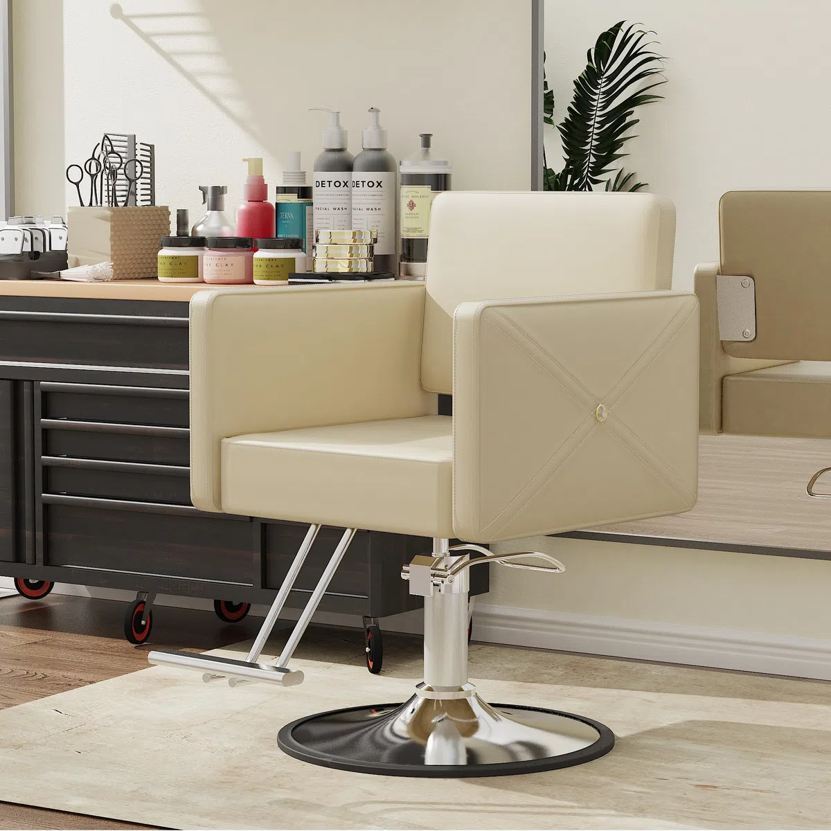 Quadratischer Friseurstuhl 360 Grad drehbar Beige