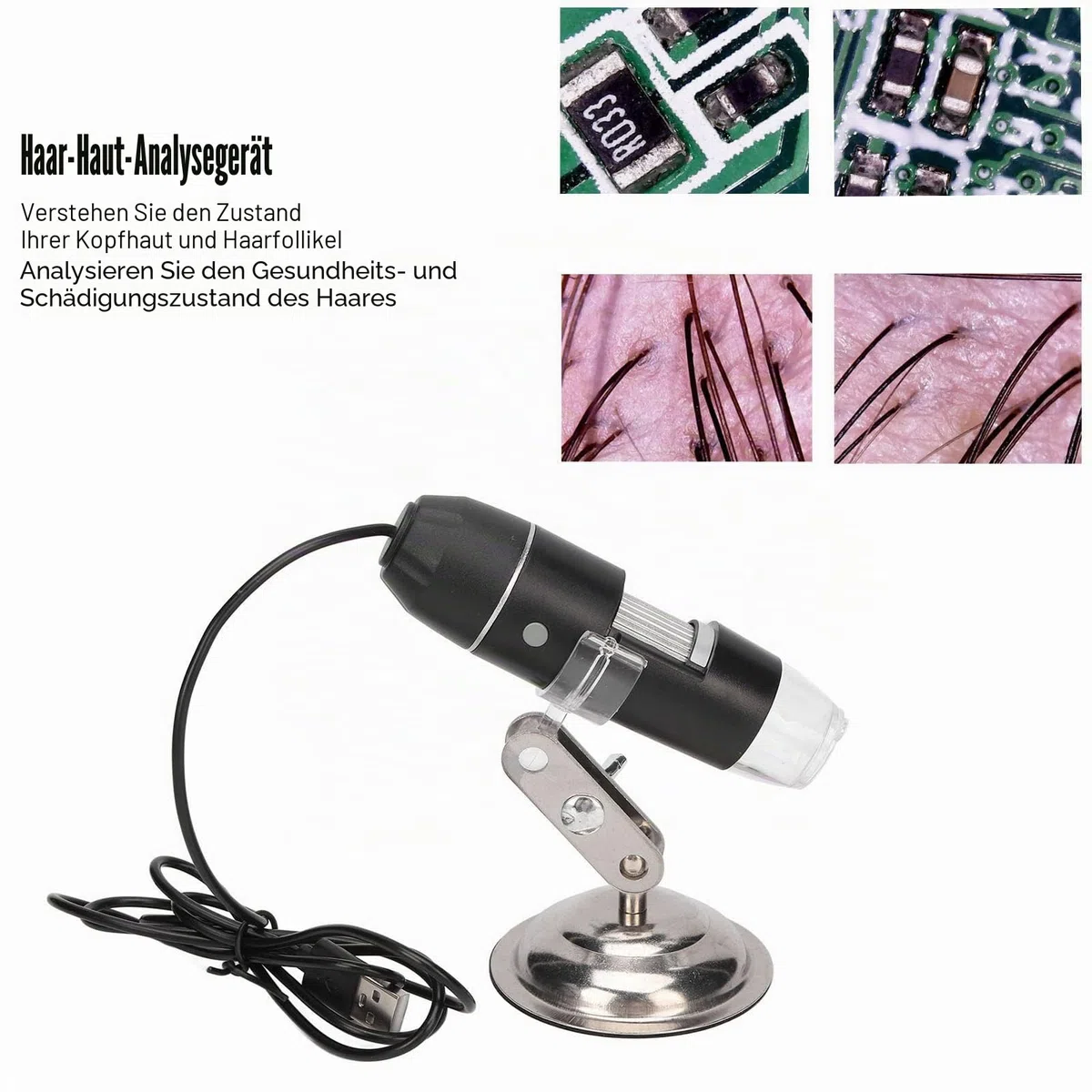 500X Haut-Kopfhaut-Detektor, Haarfollikel-Analysator mit LED-Licht, Haut-Haar-Kopfhaut-Detektor Haarfollikel-Gesichtshaut-Mikroskop-Tester